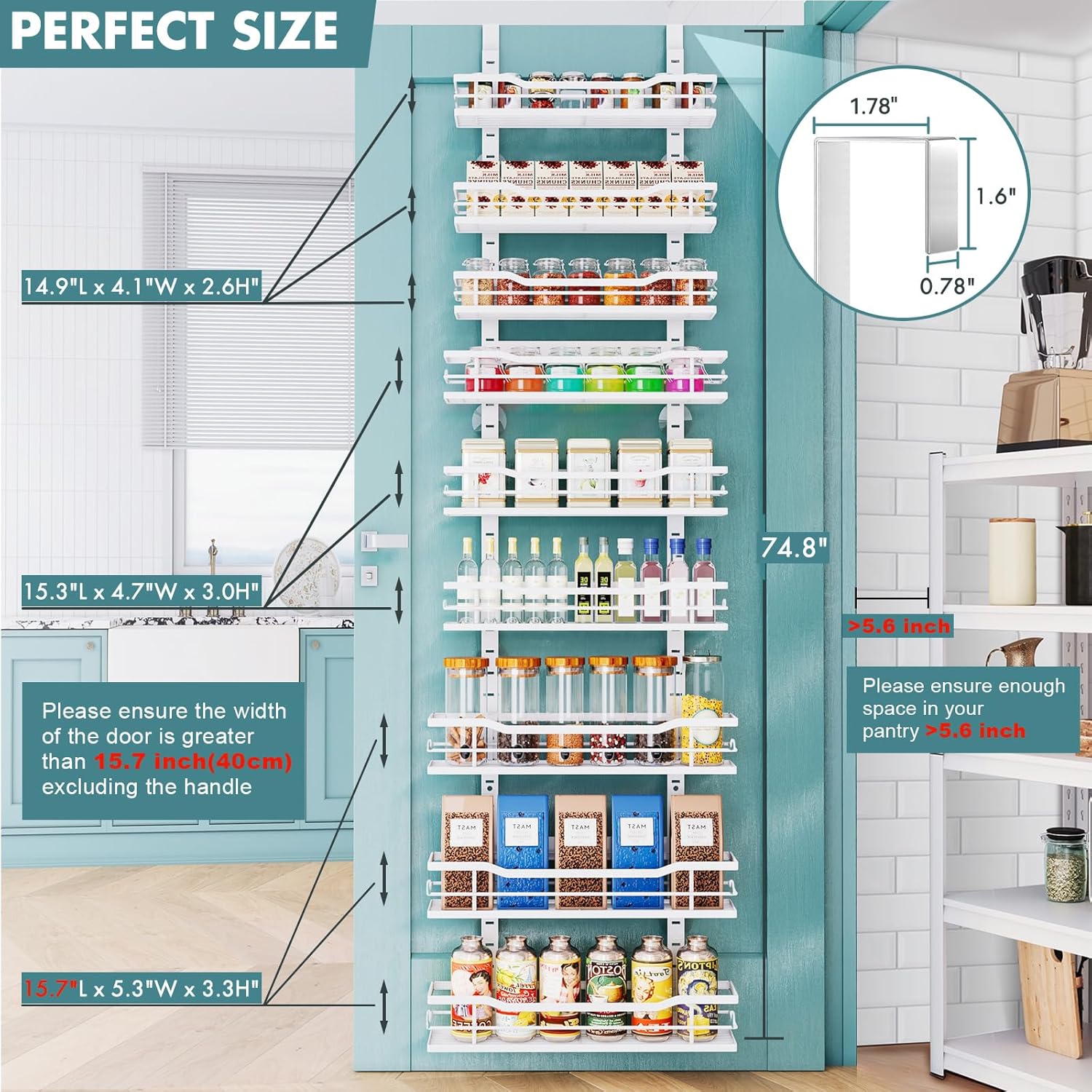 Eastherry Over The Door Pantry Organizer, 9-Tier Over The Door Organizer with Adjustable Basket, Metal Hanging Pantry Organizers and Storage for Kitchen, Back of Door Seasoning Rack