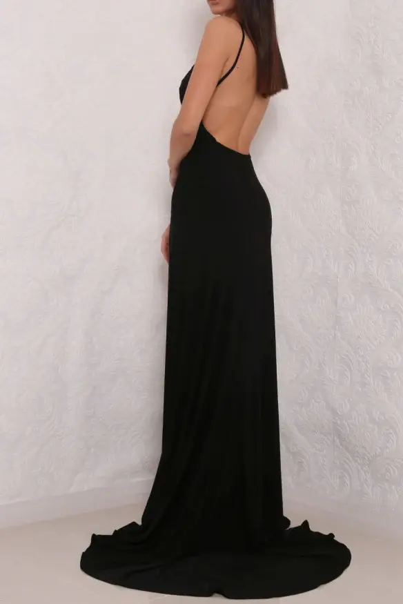Sexy High Slit Black Open Back Prom Dresses, Elegant Long Black Woman Evening Gown DM152