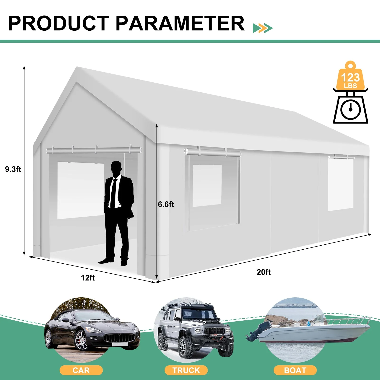 Hoteel 12'x20' Large Heavy Duty Car Tent with Steel Frame, Portable Garage Wedding Tent Gazebo Big Tents Carports Shelter with Waterproof Top Cover, All-Season Tarp for Outdoor Party Birthday, White(12??0 with Sidewalls/White)