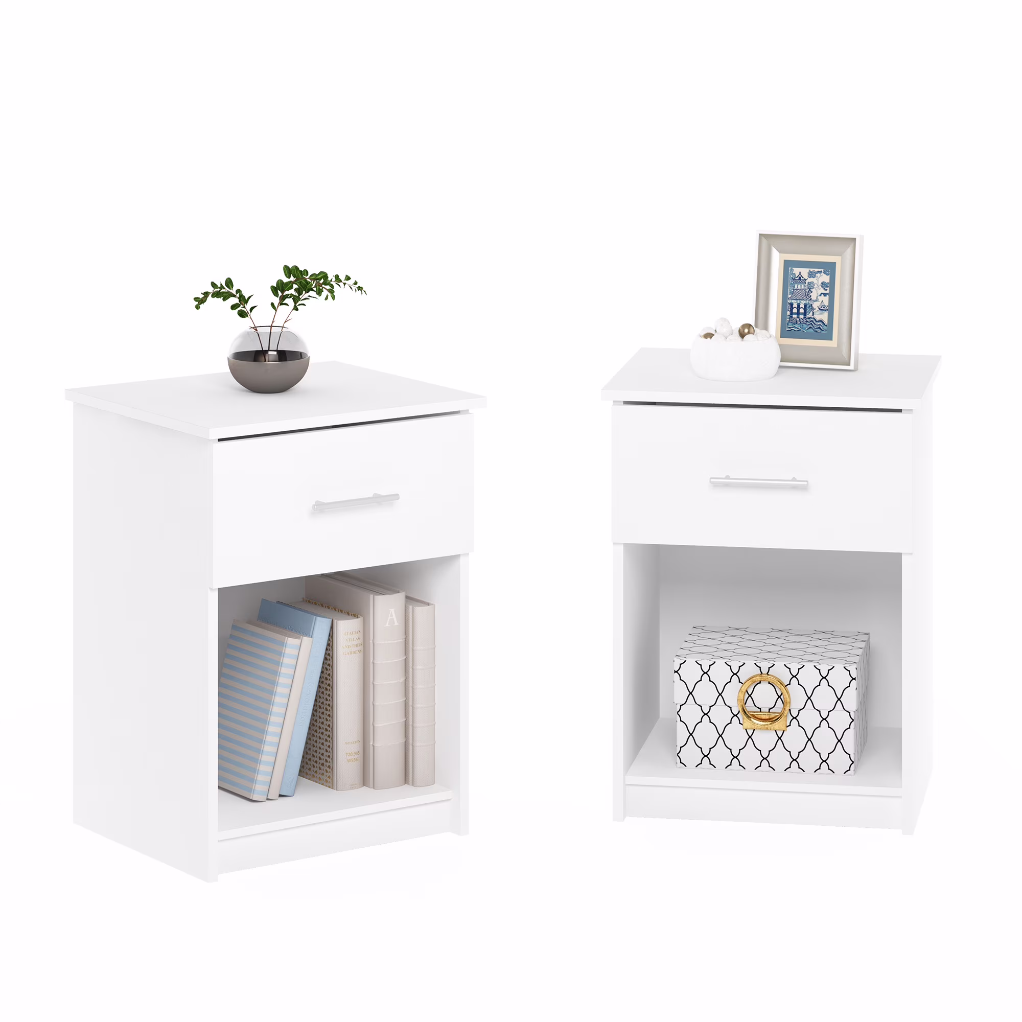 Tidur Nightstand with Handle with One Drawer, Set of 2, Solid White(Solid White)