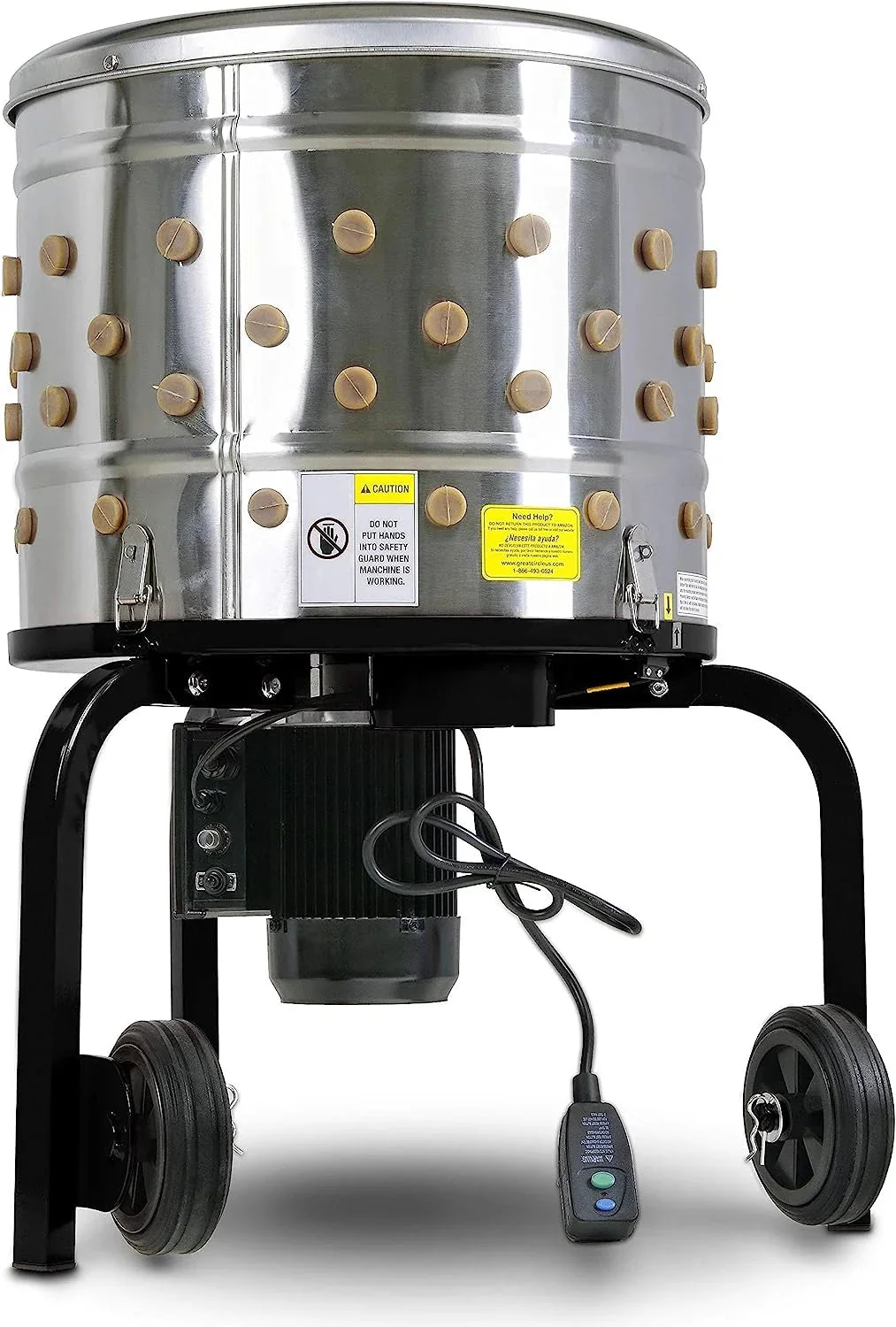 Kitchener Chicken Plucker De-Feather Remover Poultry and Fowl Food Processor Electric Stainless Steel Heavy Duty 1HP 120VAC 280RPM GFCI Connector 92 Soft Fingers 20" Drum Diameter