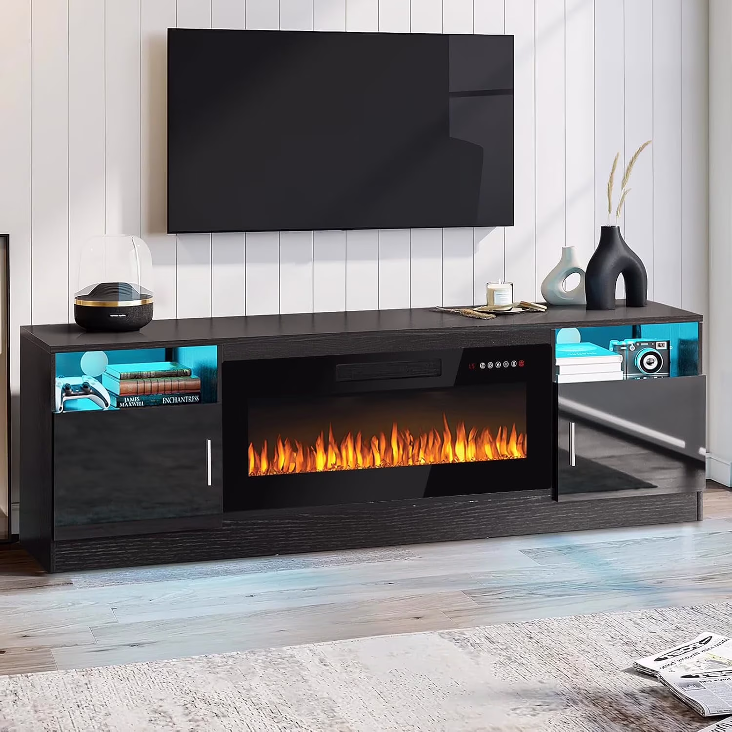 Fireplace tv Stand with 36 inch Fireplace Up to 80" TVs,LED Light Entertainment Center and Storage(70" Wood Composite/White) - Image 3
