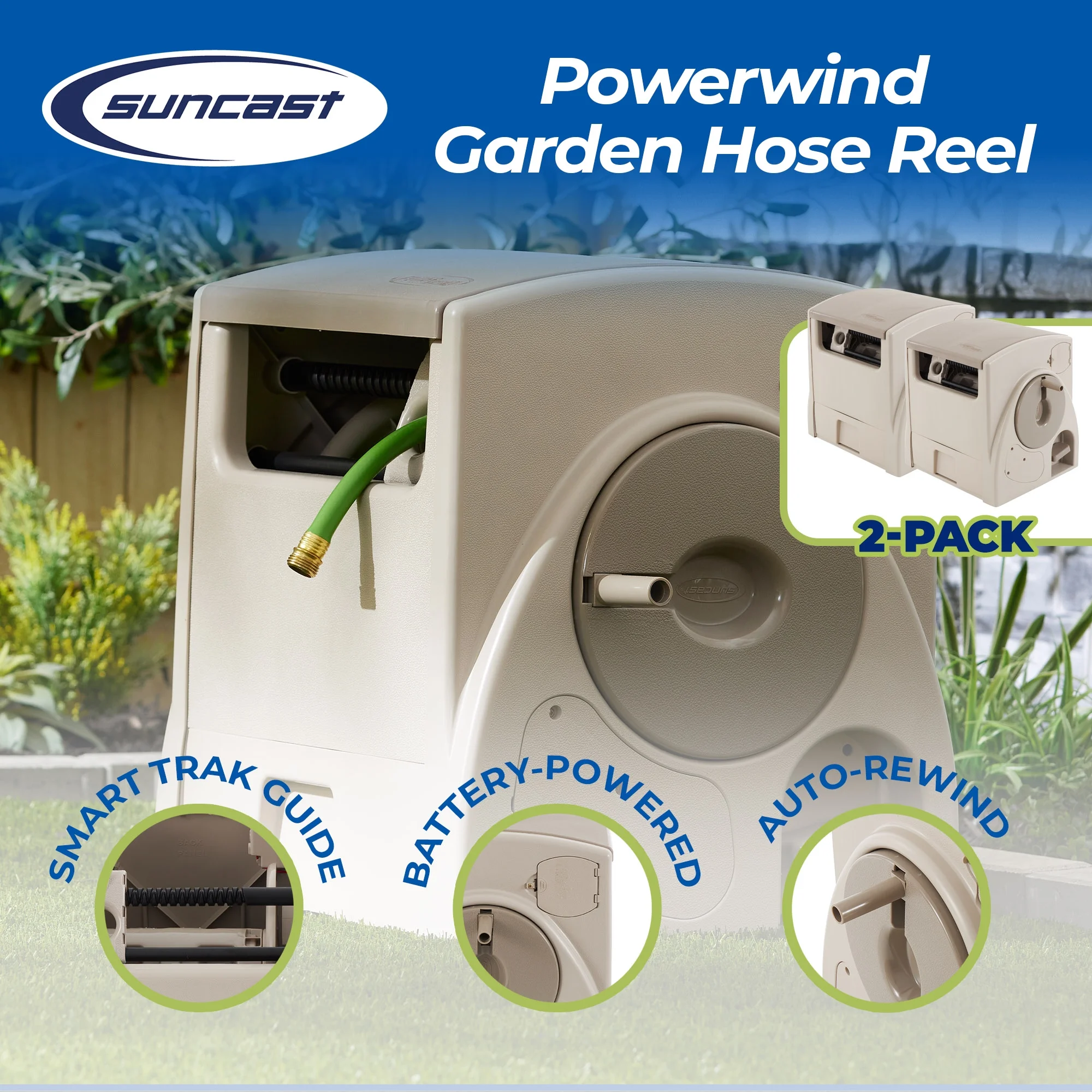 Suncast 100 - Ft. Powerwind Automatic Rewind Hose Reel, Light Taupe (2 Pack)