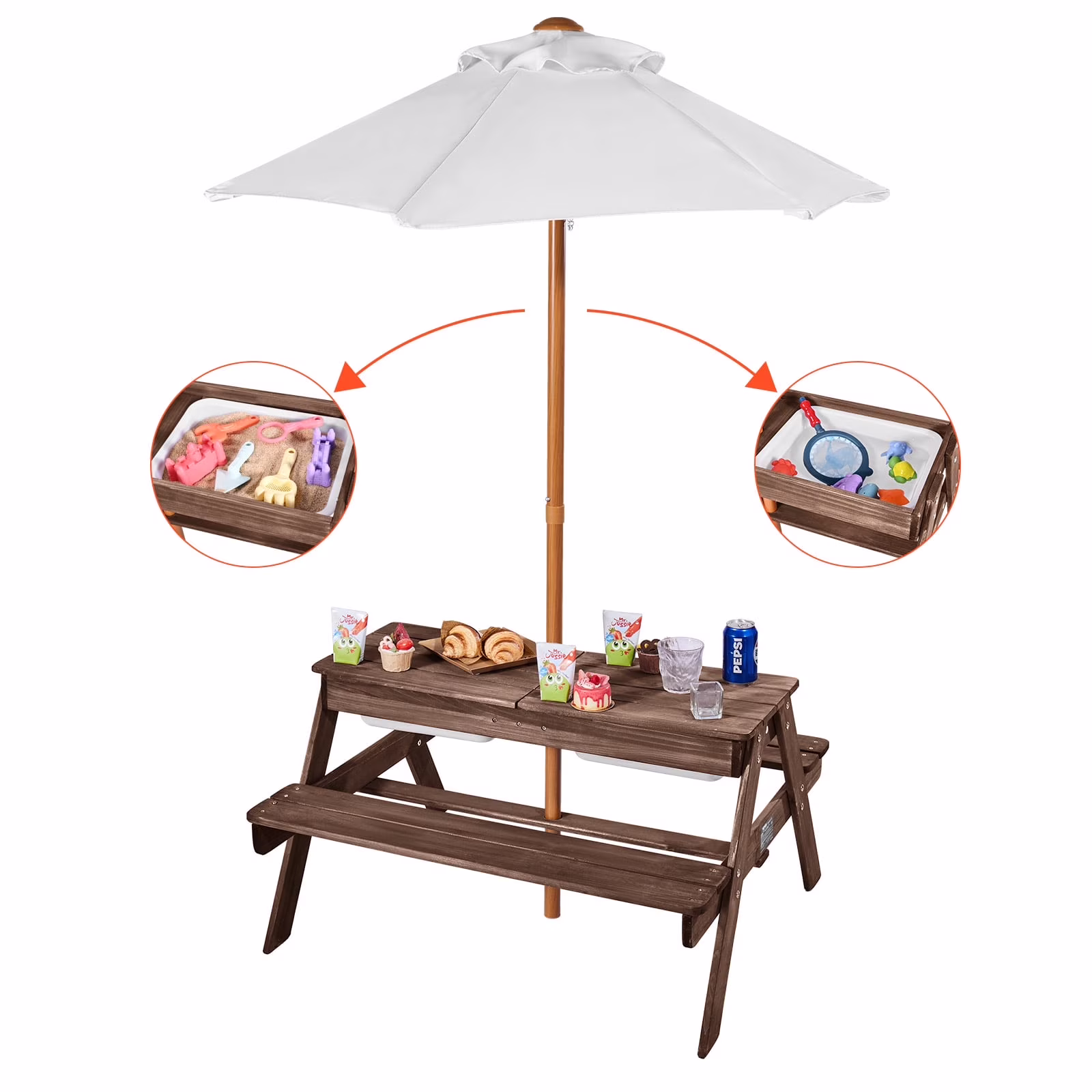 VEVOR Kids Picnic Table with Umbrella, 3-in-1 Sand  Water Table, Outdoor Wooden Table and Bench Set with 2 Trays, 4-People Patio Dining Furniture for Garden, Backyard and Porch (Walnut)