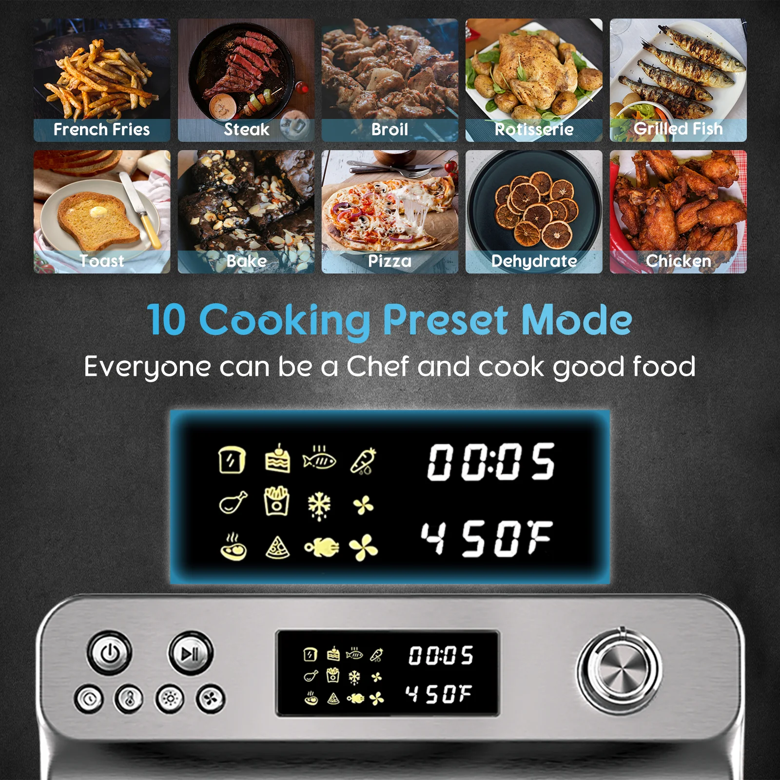 Hysapientia 26QT Air Fryer Oven with Rotisserie 1800W Toaster Oven Air Fryer Combo, 10 in 1 Convection Oven Countertop, Airfryer Toaster Oven, Mini Toaster Oven, Stainless Steel Outer