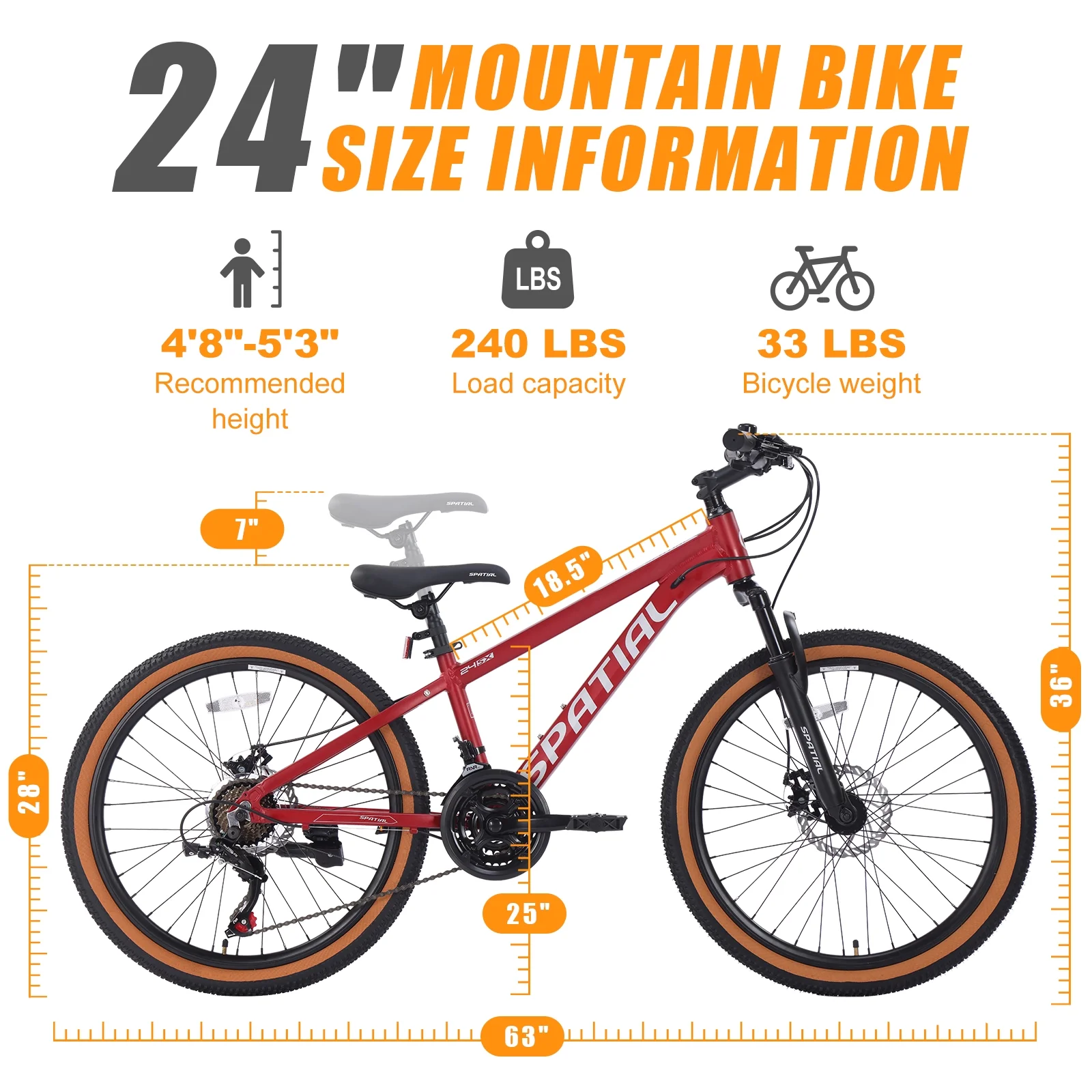 SPATIAL 24/26/27.5/29 in Mountain Bike, 8/21 Speed Lightweight Aluminum Magensium Frame Mountain Bicycle, Fits Men Women Teenagers Adult Disc Brake MTB Bicycle