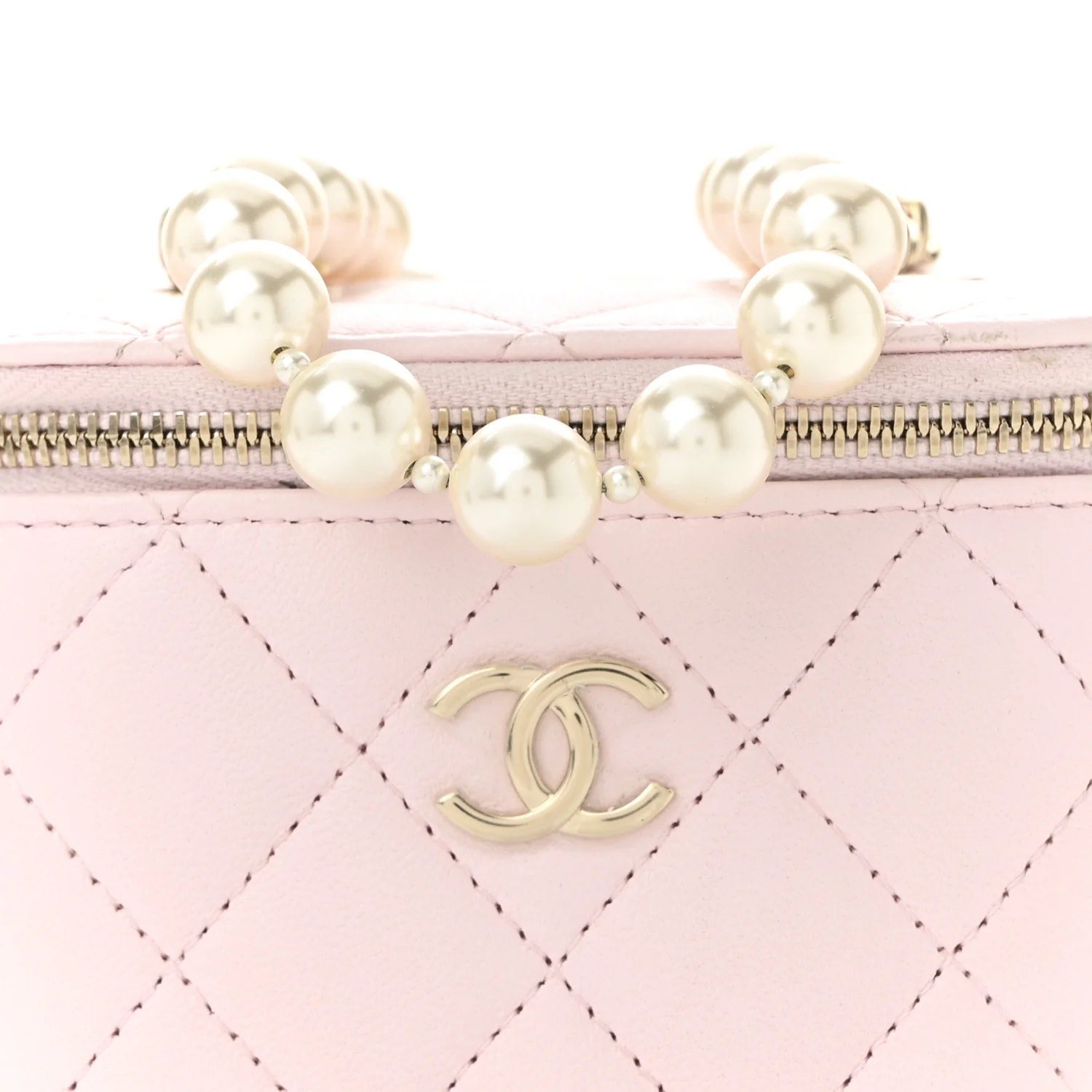 Lambskin Quilted Mini Vanity Case With Pearl Chain Light Pink