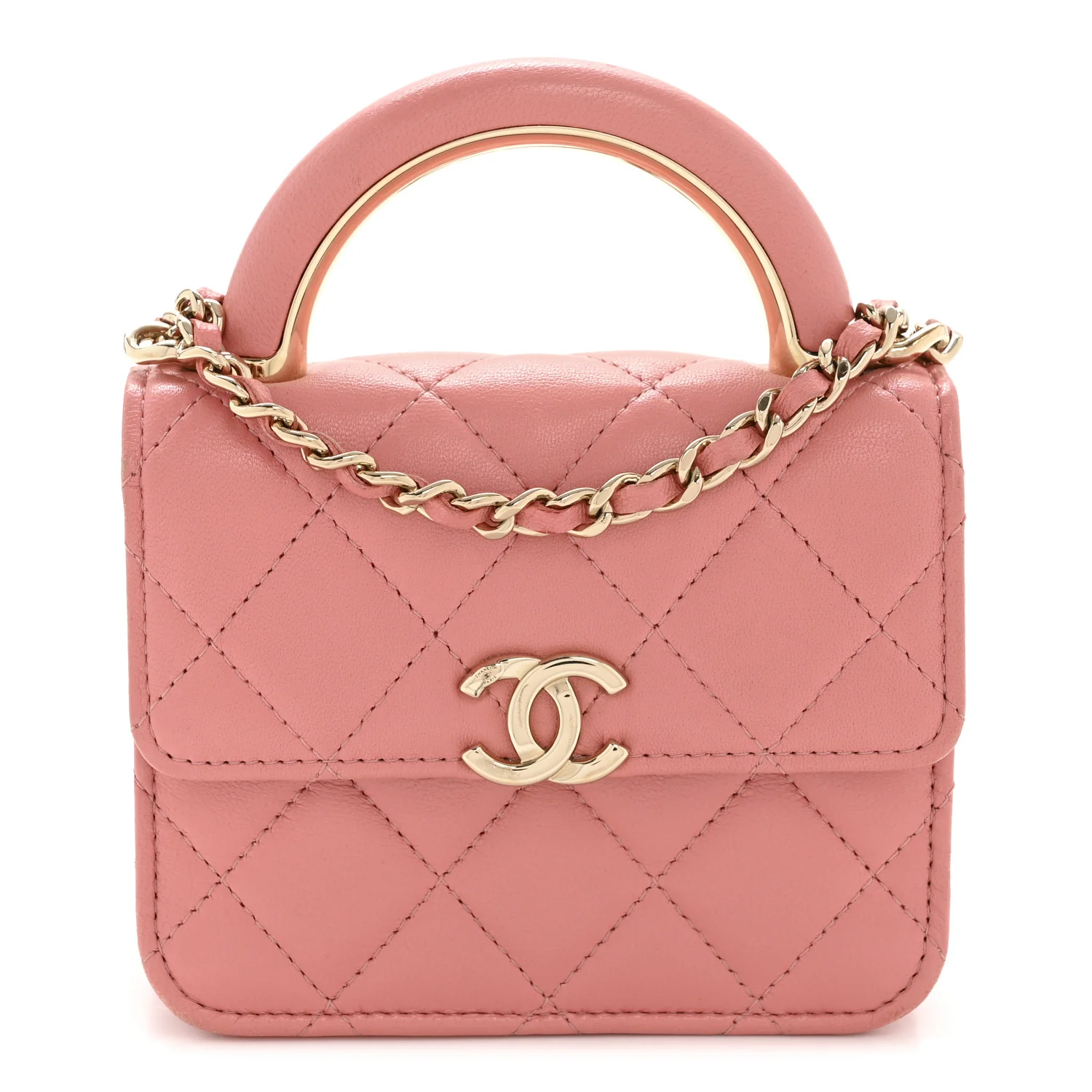Lambskin Quilted Top Handle Flap Clutch With Chain Pink