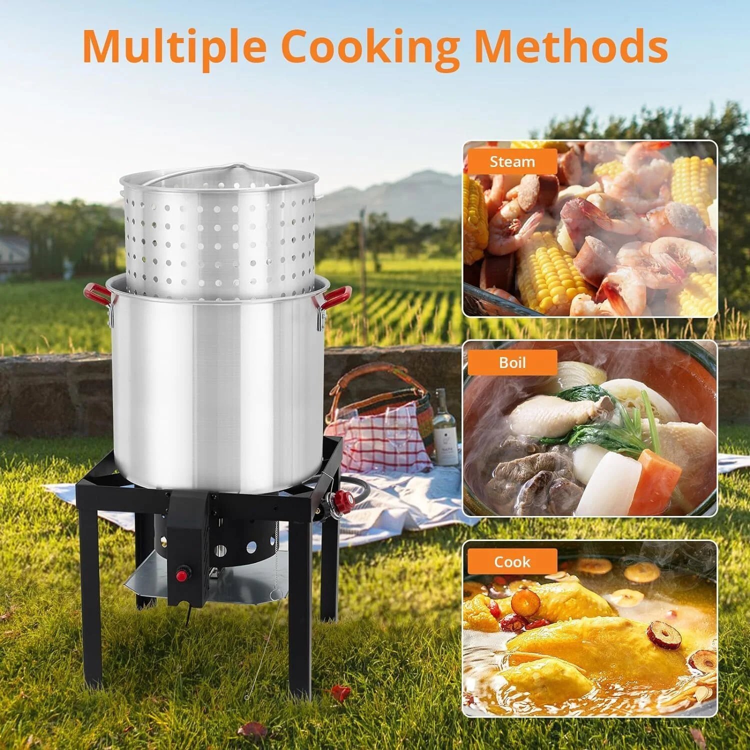 Crawfish Boiler with Steam/Boil Basket & Strainer, 110000BTU Propane Jet Burner with Support Rack & Lifting Hook, 0 - 10 PSI Regulator, Outdoor 80 Qt Seafood Boil Pot