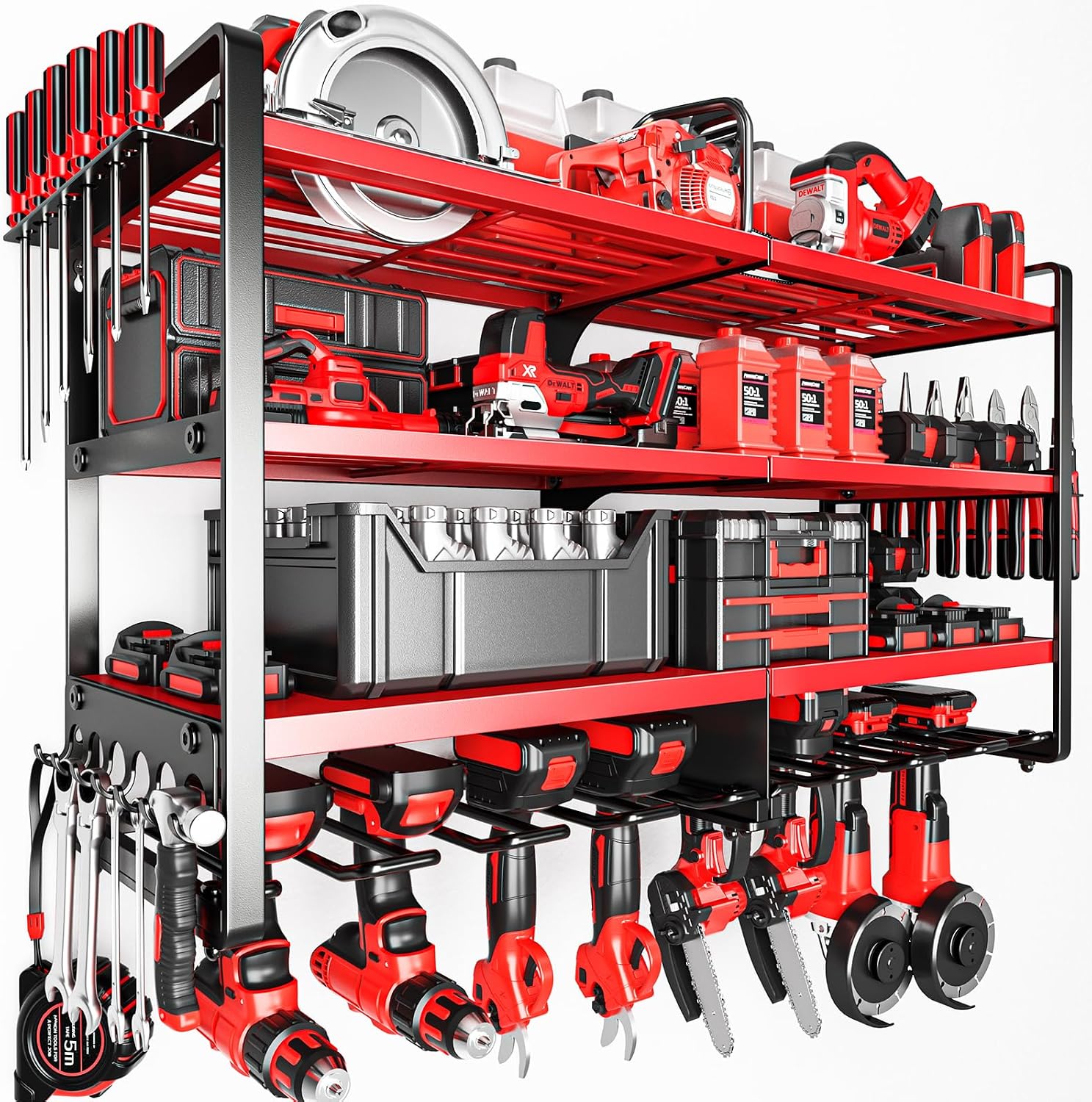 POKIPO Upgraded Large Power Tool Organizer Wall Mount, 4 Layers Heavy Duty Metal Holds 400lbs Power Tool Hanger Shelf Battery Storage with 8 Cordless Drill Bit Holders, Utility Racks for Garage Tool Room