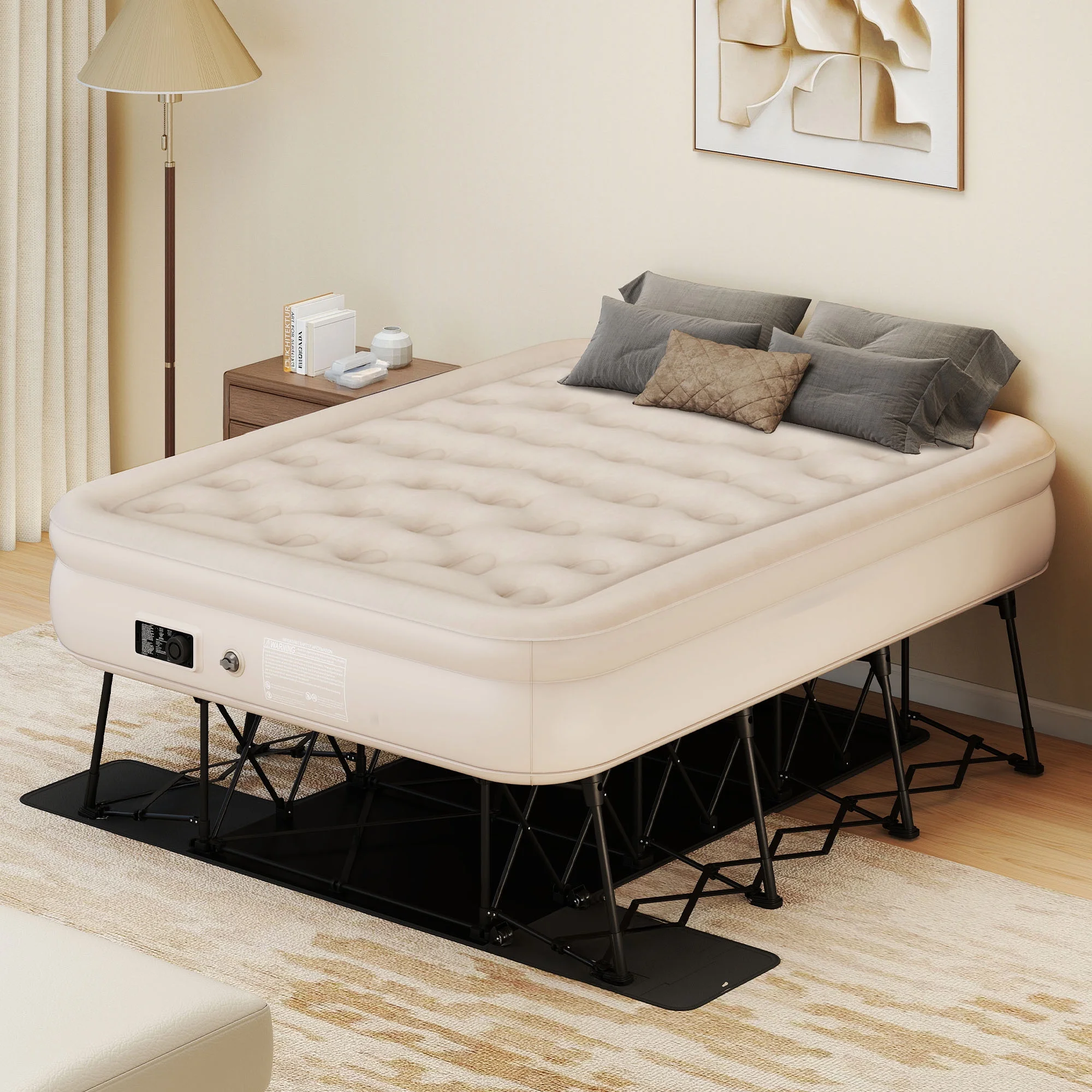 Dextrus Inflatable Queen Air Mattress with Built - in Pump, Frame, Velvet Surface & Portable Storage Case, Khaki