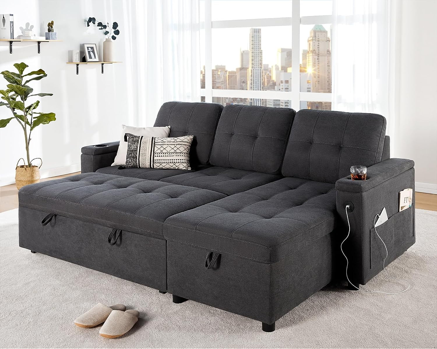 Papajet Sleeper Sofa, Modern Tufted Convertible Sofa Bed, USB Charging Ports  Cup Holders, L Shaped Sofa Couch with Storage Chaise, Linen Couches for Living Room (Dark Grey)(Dark Grey)