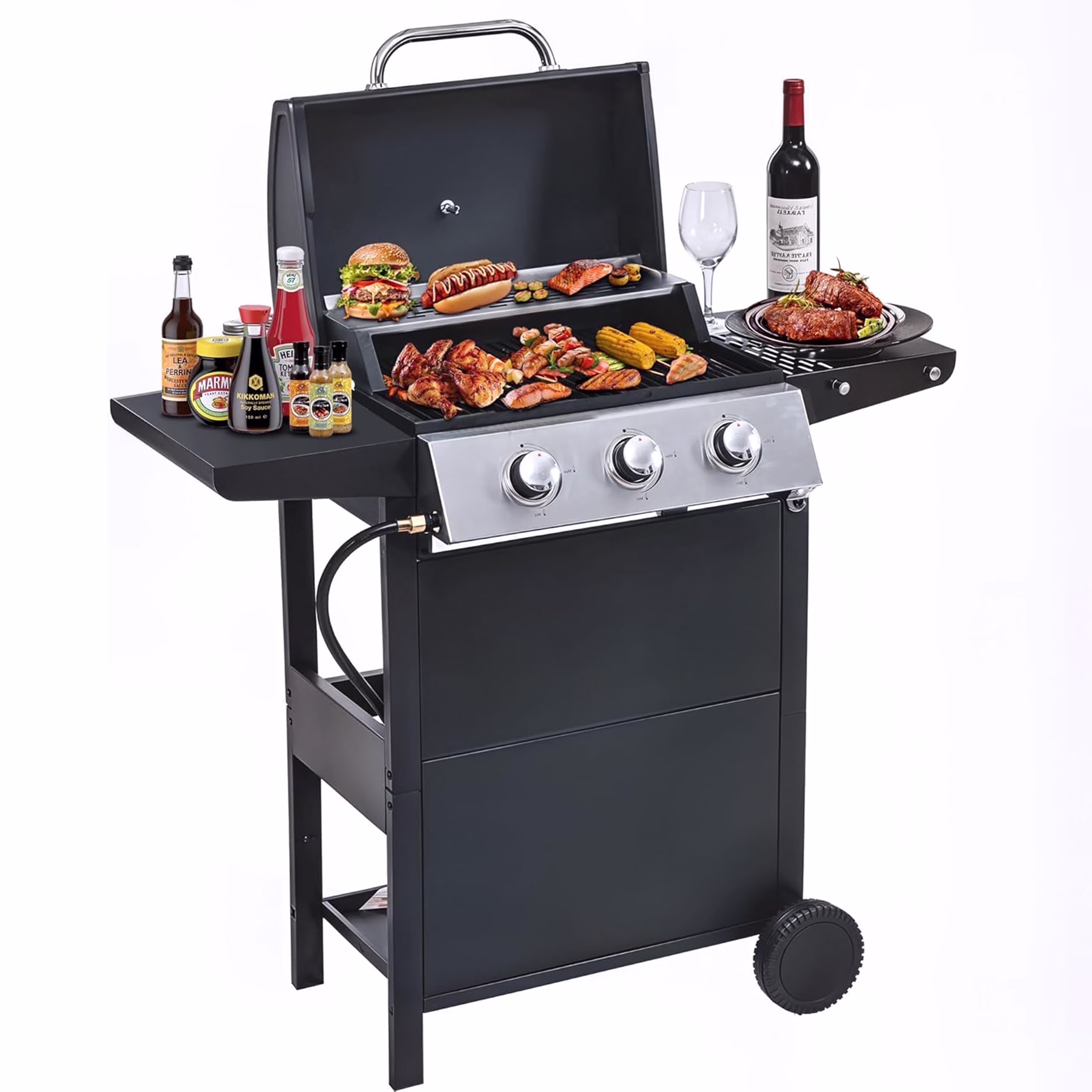 Furnibear 4 Burner BBQ Propane Gas Grill, Stainless Steel 34,000 BTU Patio Garden Barbecue Grill with Two Foldable Shelves