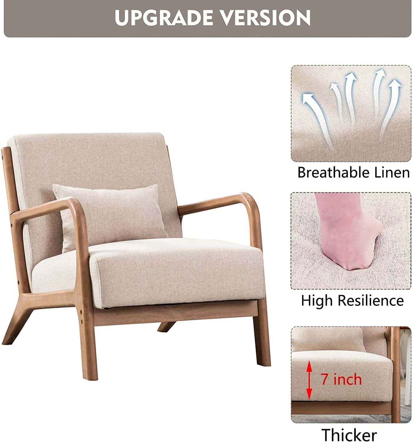 Mid Century Modern Accent Chair, Single Fabric Lounge Reading Armchair with Solid Wood Frame, Easy Assembly Arm Chairs for Living Room, Beige(1/Beige) Image 2