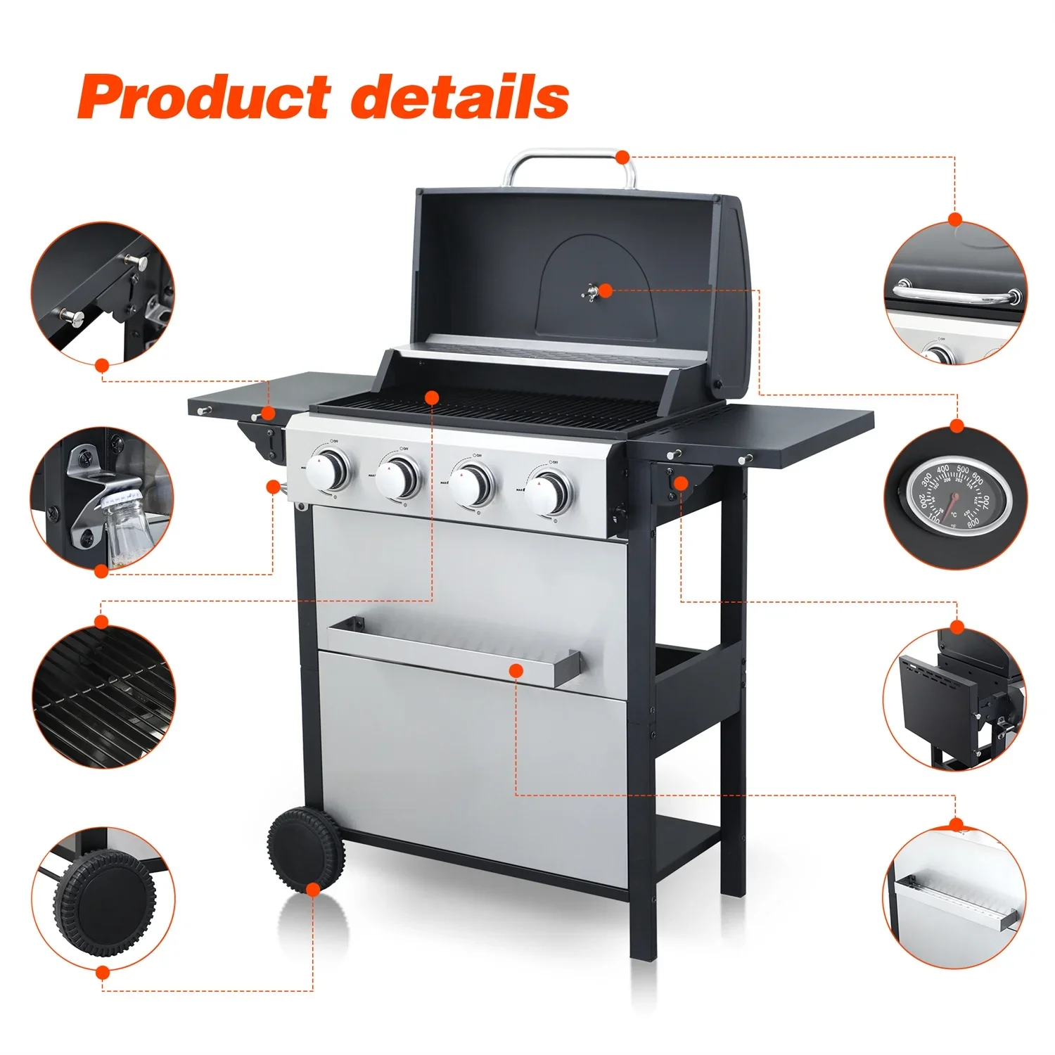 HighSound 3 Burner BBQ Propane Gas Grill, Stainless Steel 25650 BTU Patio Garden Barbecue Grill with Wire Enamel Cooking Grids & Foldable Shelves, Black