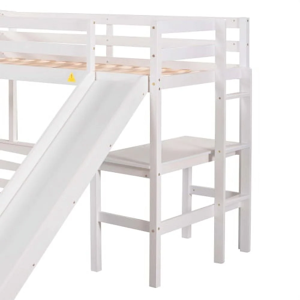 L Shaped Triple Bunk Bed for 5, Twin Over Full Bunk Bed and Twin Size Loft Bed with Built in Desk, and Slide,Full Length Guardrail, White Image 7