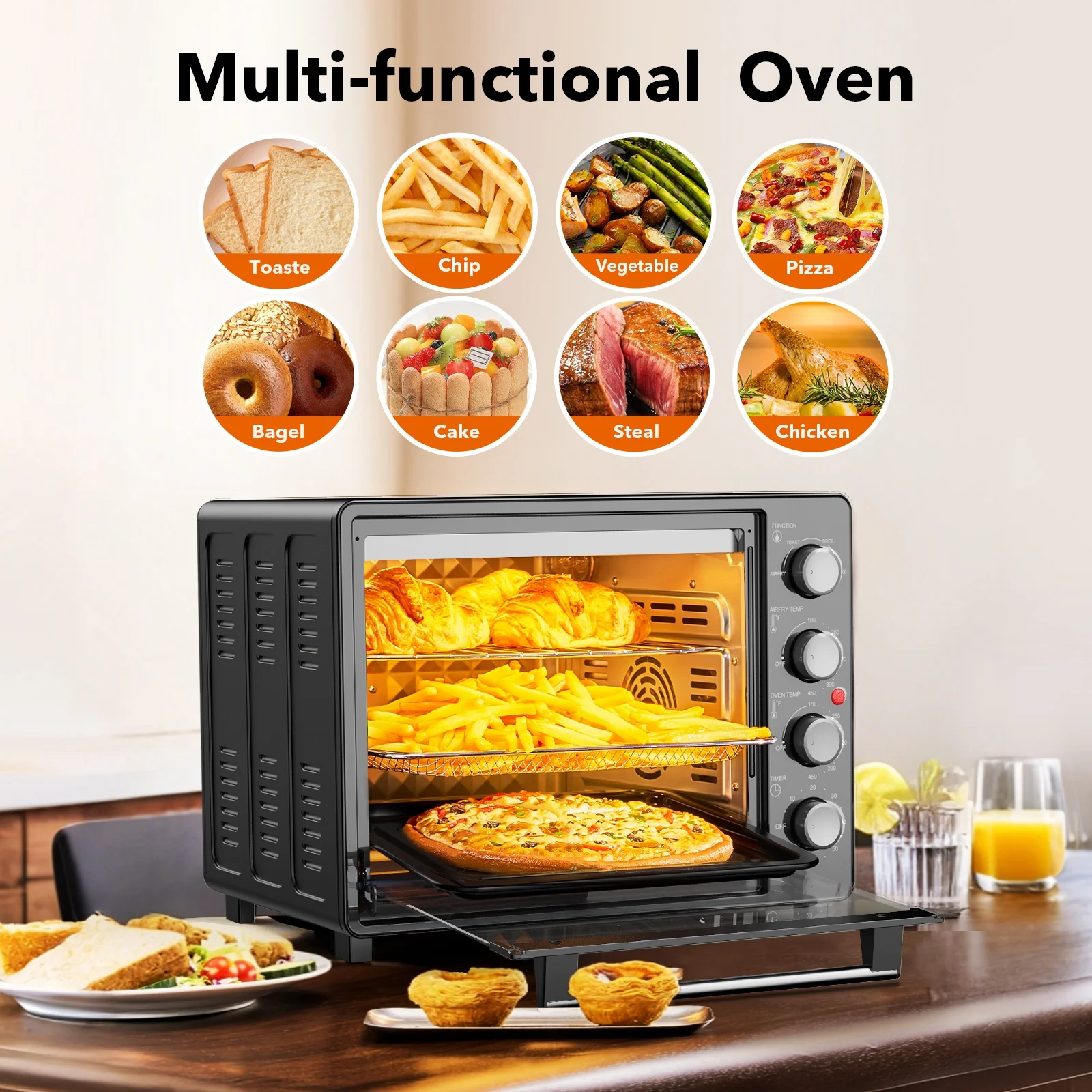 34 QT Super-Large Air Fryer, Oil-Less Air Fryer Toaster Oven Combo with Pizza, Warm, Broil, Toast, Bake, Air Fry, 5 Functions Black - Image 2