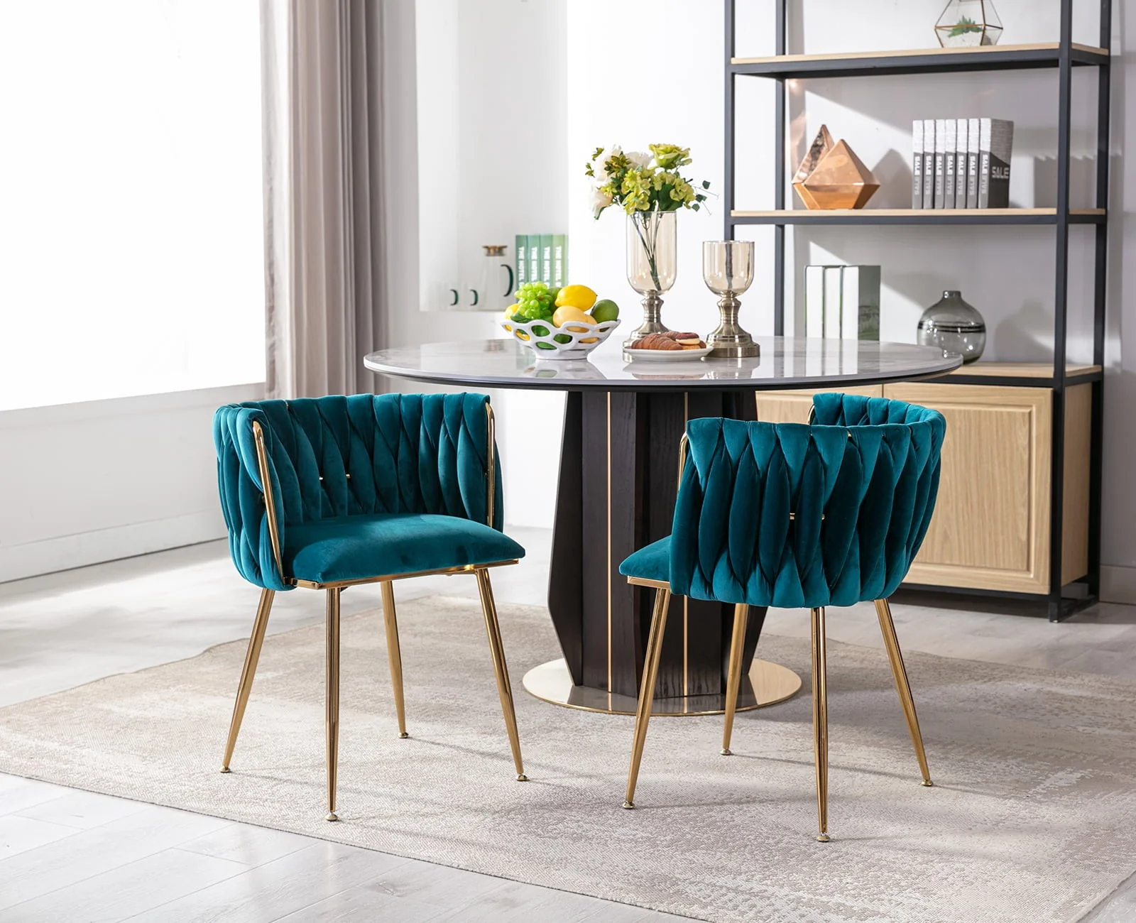 Velvet Dining Chair Set of 2, Modern Upholstered Accent Side Chair with Woven Back and Metal Legs, Vanity Chair Kitchen Chair for Living Room Dining Room Bedroom, Teal Green(Black) - Image 7