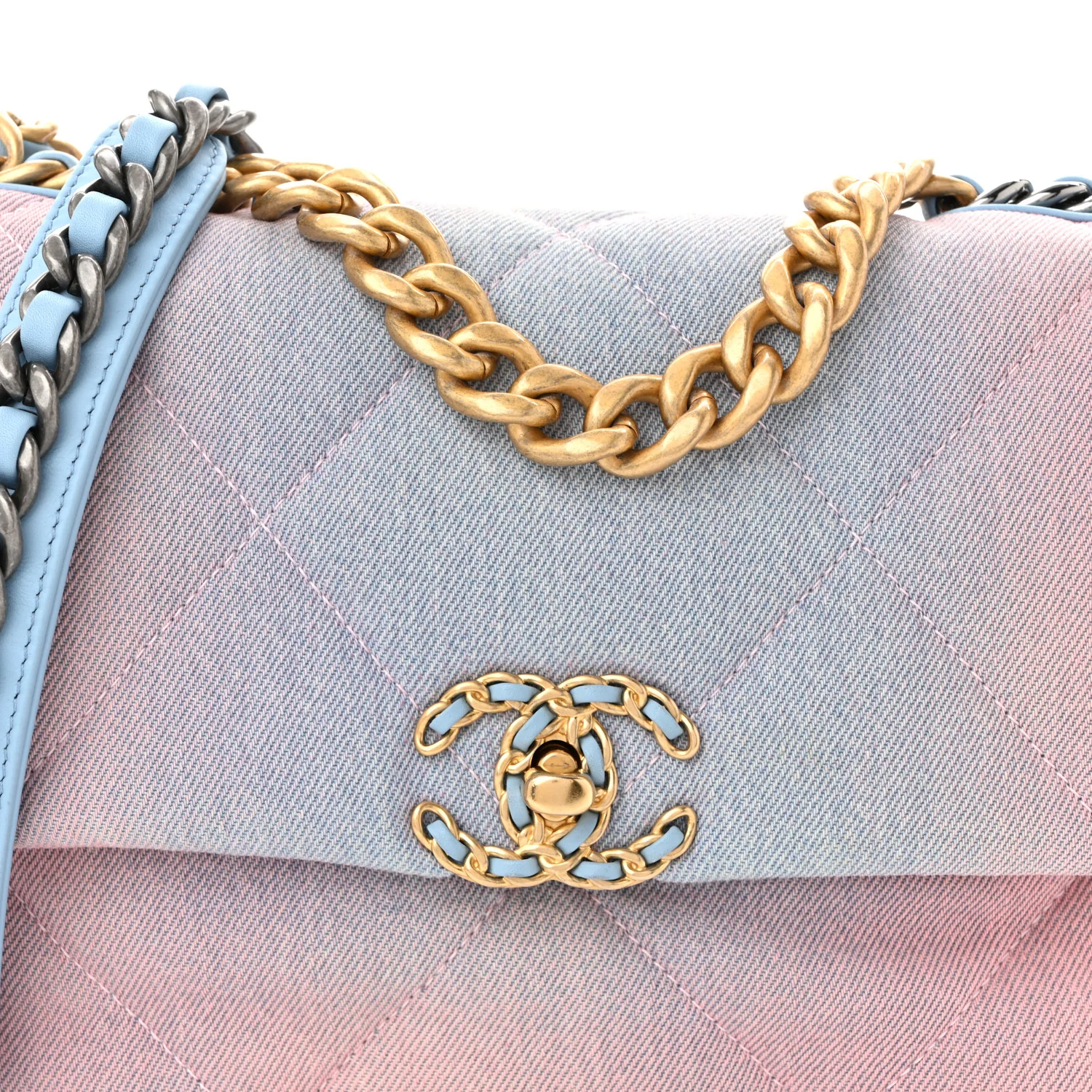 Denim Quilted Medium Chanel 19 Flap Blue Pink