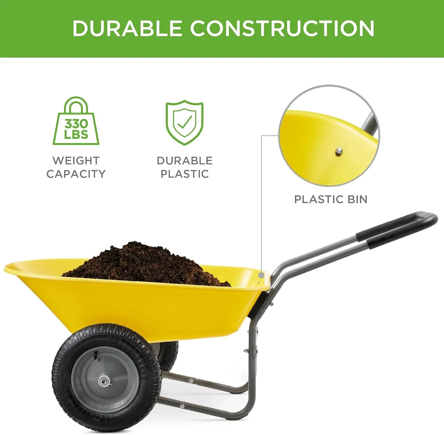 SAZYY Heavy-Duty Dual-Wheel Home Utility Yard Wheelbarrow & Garden Cart with Built-in Stand �C Versatile Solution for Lawn Care, Gardening & Construction Tasks, Gray