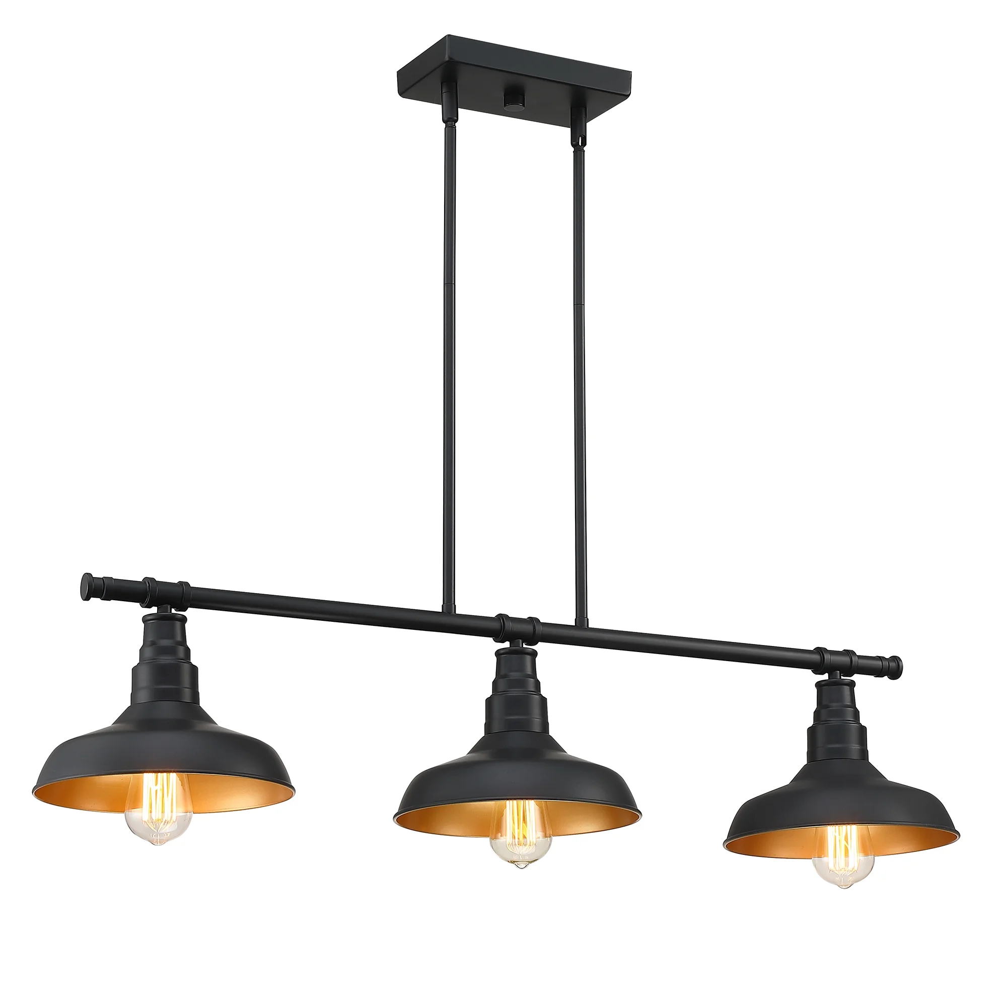 3-Light Matte Black Pendant Lighting for Kitchen Island Industrial Ceiling Mount Light Fixture for Dining Room, Living Room, Dining Table, Bars with Gold Painting Inside Finish