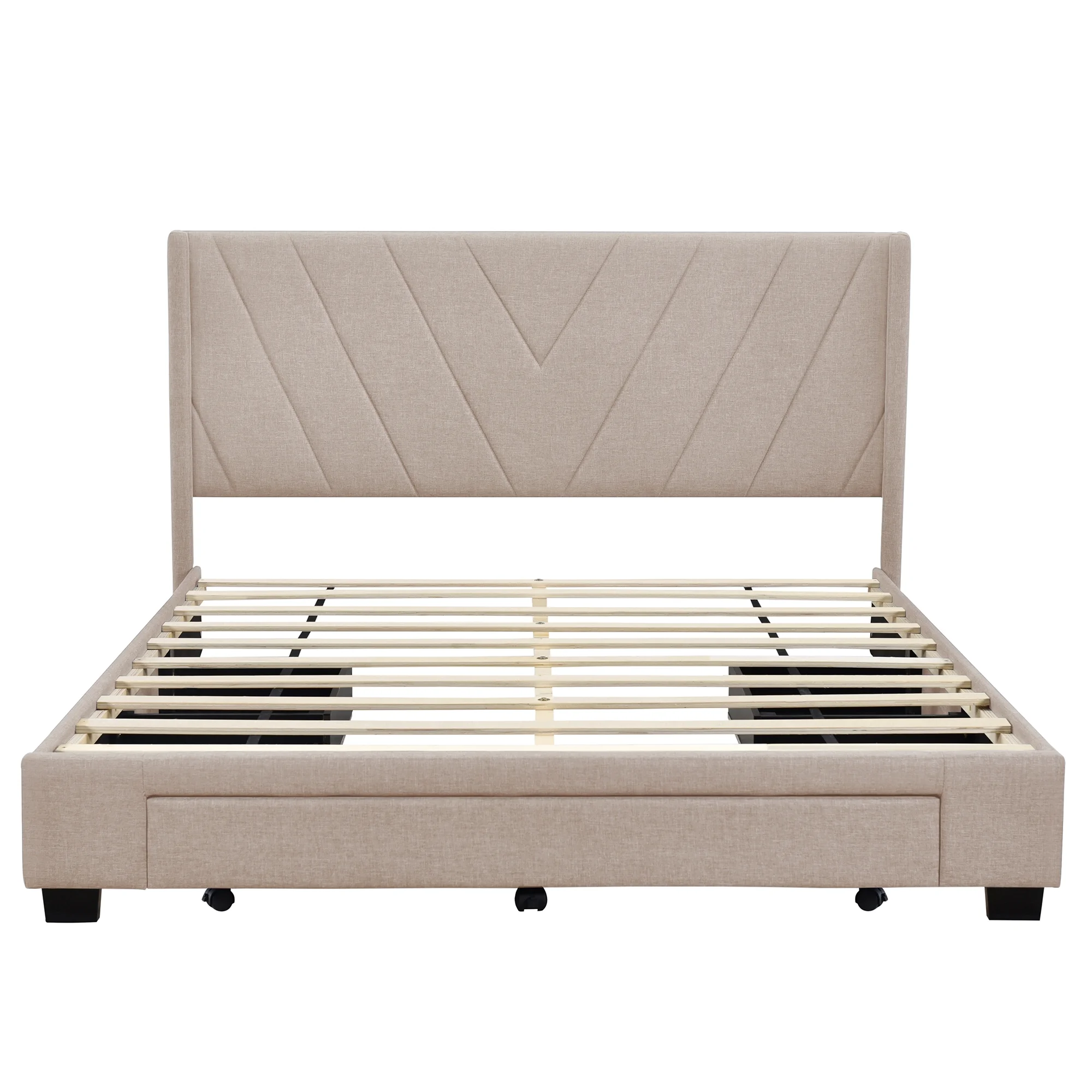 Queen Bed Frame with Storage, New Upgraded Linen Upholstered Platform Bed with 3 Drawers, Queen Size Storage Bed with Headboard and Wooden Slats, No Box Spring Needed, Holds 500lbs, Beige(White) - Image 6
