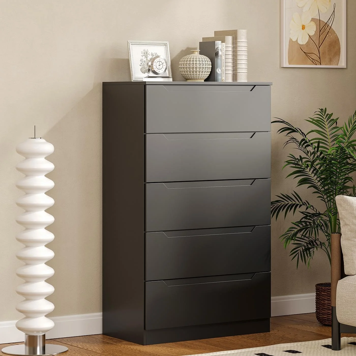 Vertical 5 Drawer Dresser, Wood Storage Cabinet with Upgraded Stable Base for Bedroom Living Room, Black(Black) - Image 2