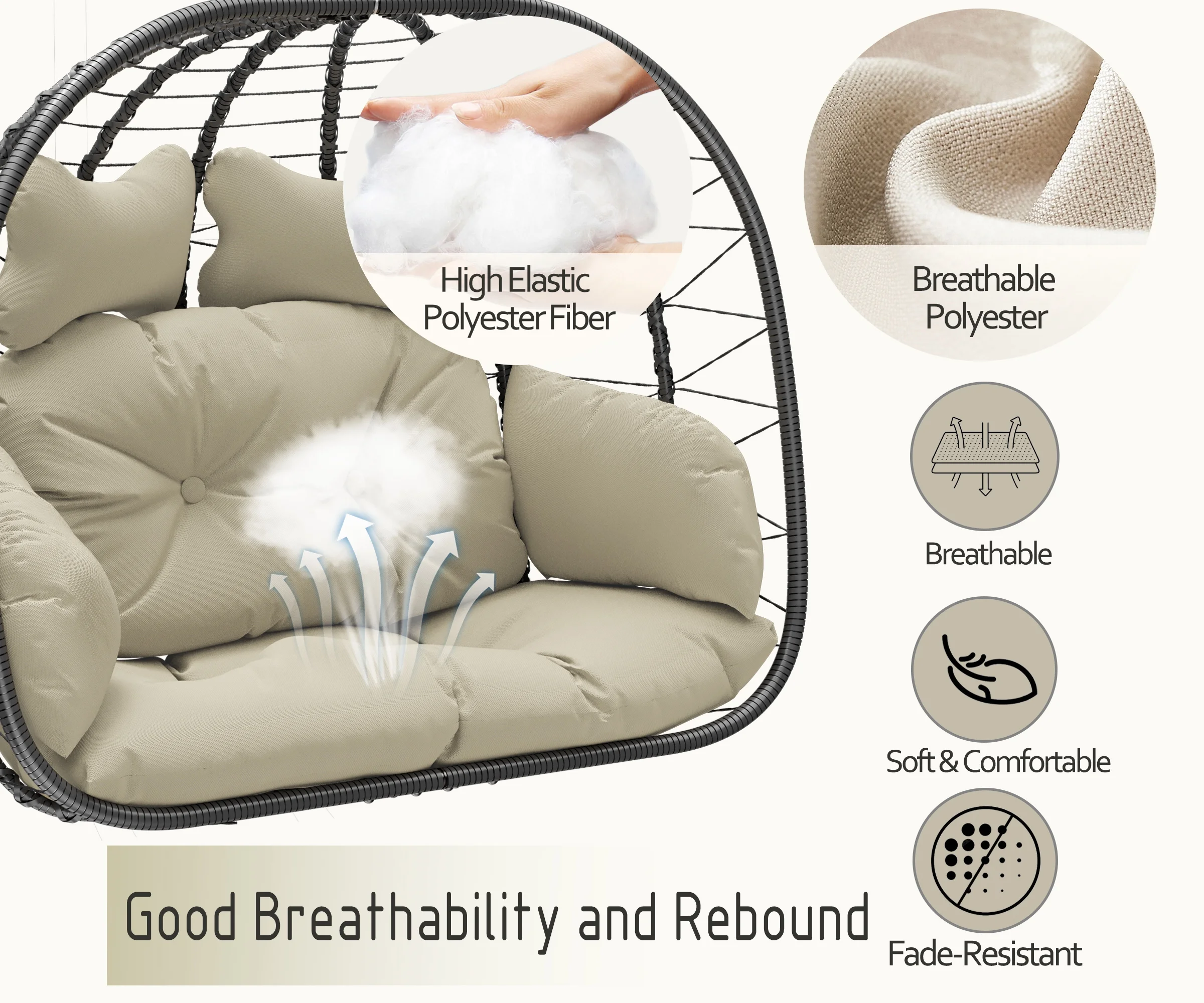Double Wicker Swing Egg Chair Hammock Foldable Hanging Loveseat with Stand, UV Resistant Removable Cushions, 700LBS Capacity for Bedroom, Balcony (Black and Beige)(Black and Beige) - Image 2