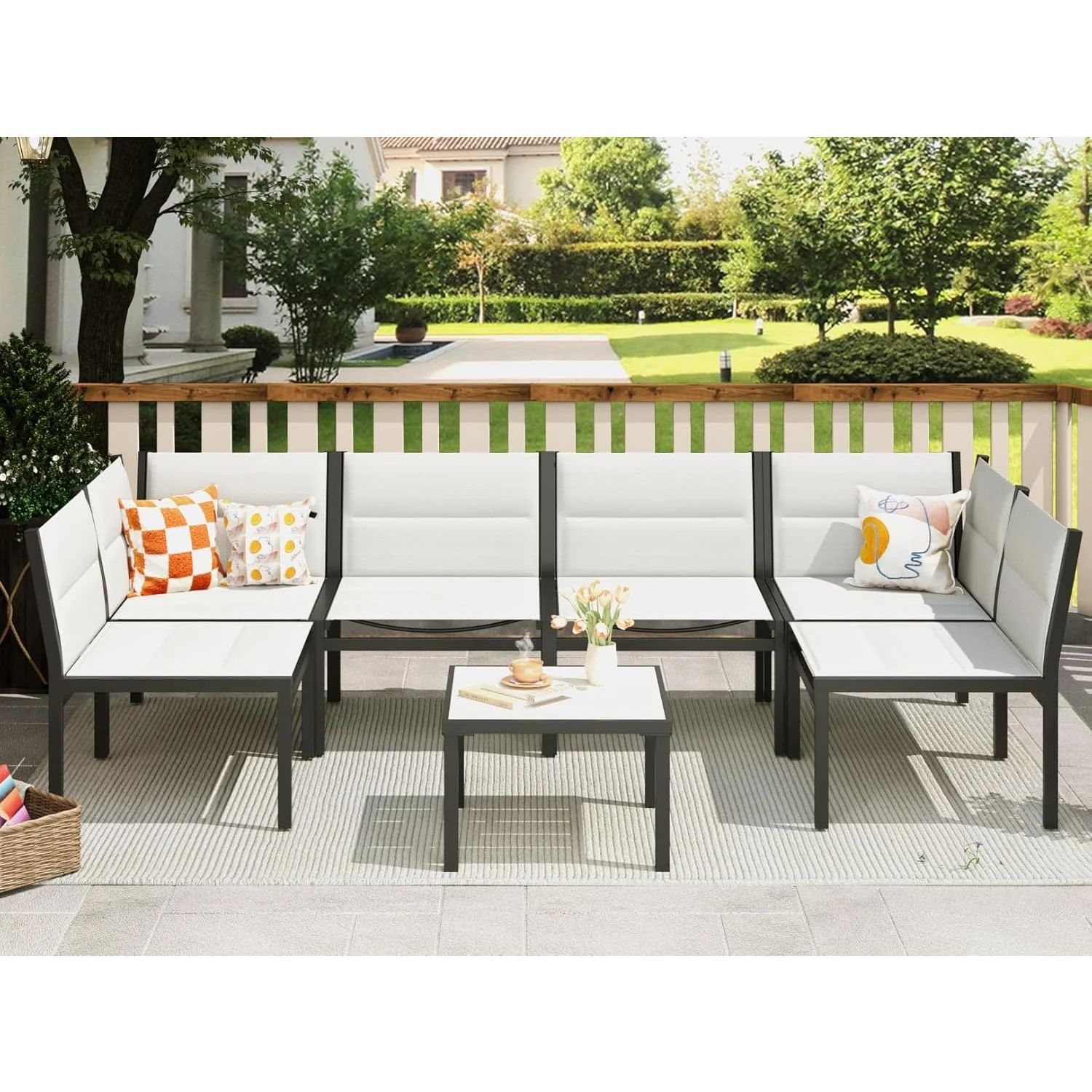 AECOJOY 7 Pieces Outdoor Sectional Furniture Textilene Fabric Outdoor Conversation Sets, Off-White