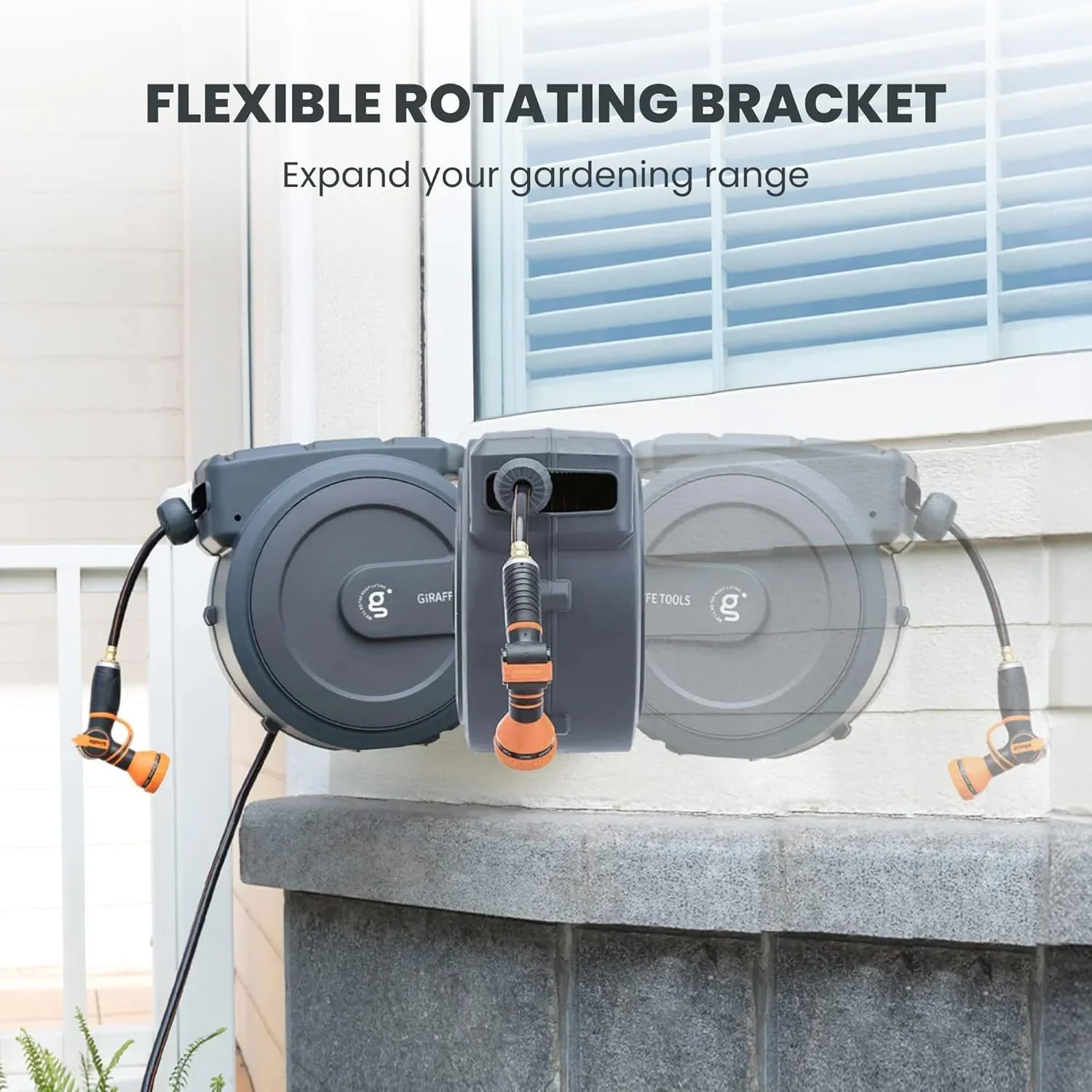 Giraffe Tools Retractable Garden Hose Reel with 1/2in-78ft Hose, Metal Bracket, Wall Mounted, Dark Grey