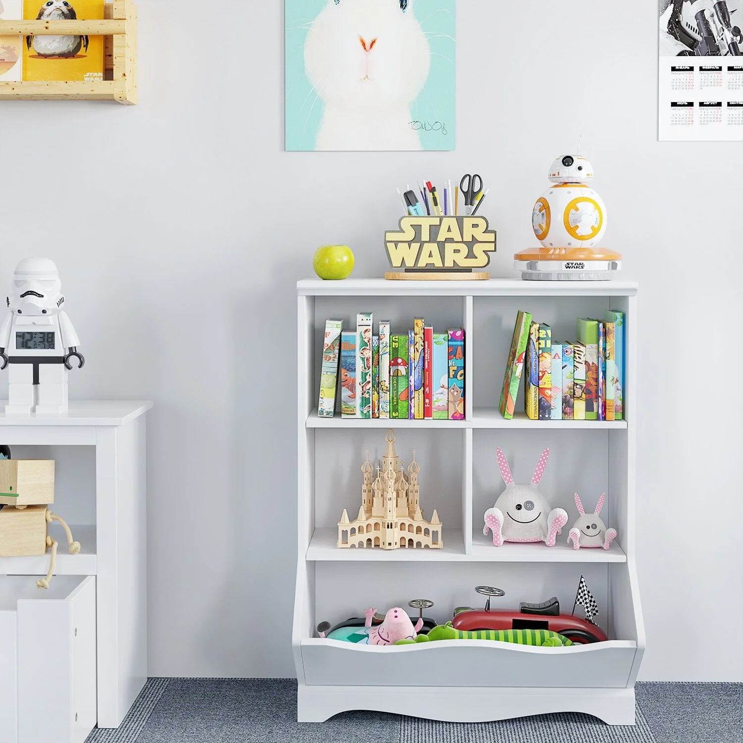 Kid's Cubby Toy Storage Cabinet, Wood Toy Organizer of 5 Bins, Children's White Bookcase, Toy Chest for Bedroom Living Room - Image 4