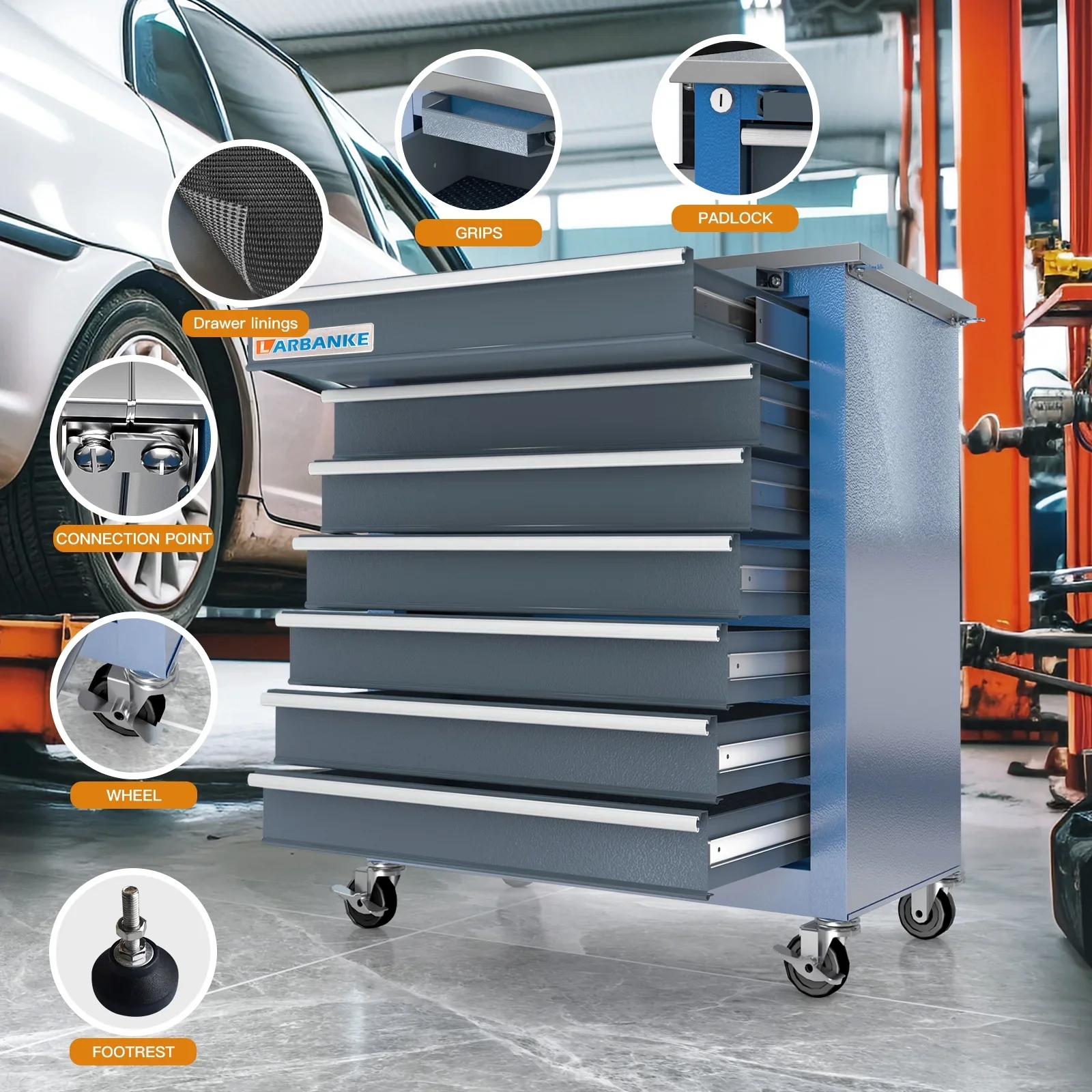 LARBANKE 5 Drawer Rolling Tool Chest, Metal Tool Cabinet with Wheels, Drawers with Padding, Can Be Combined