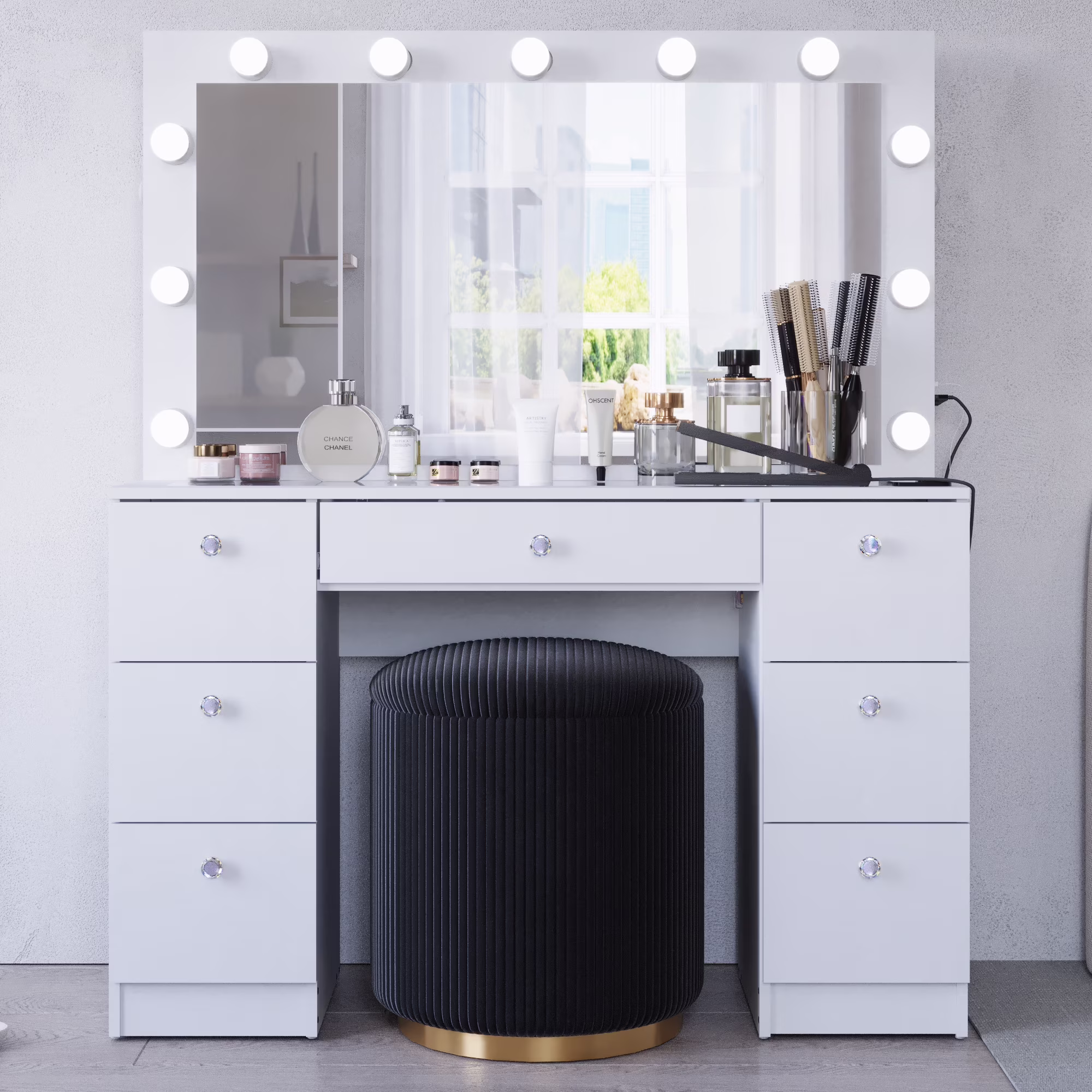 Ibbie White Makeup Vanity with Glass Top, Lights, Charging Station(White)