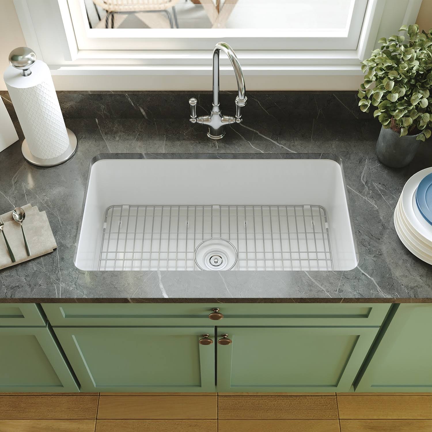 DeerValley Glen White Rectangular Fireclay 32 in. Single Bowl Undermount/Drop-In Kitchen Sink with Basket Strainer and Sink Grid DV-1K513