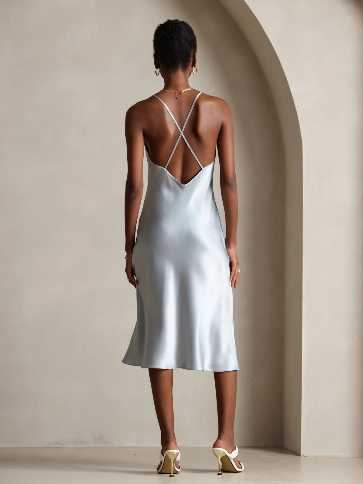Pure Silk Spaghetti Strap V Neck Midi Dress with Criss Cross Back Design