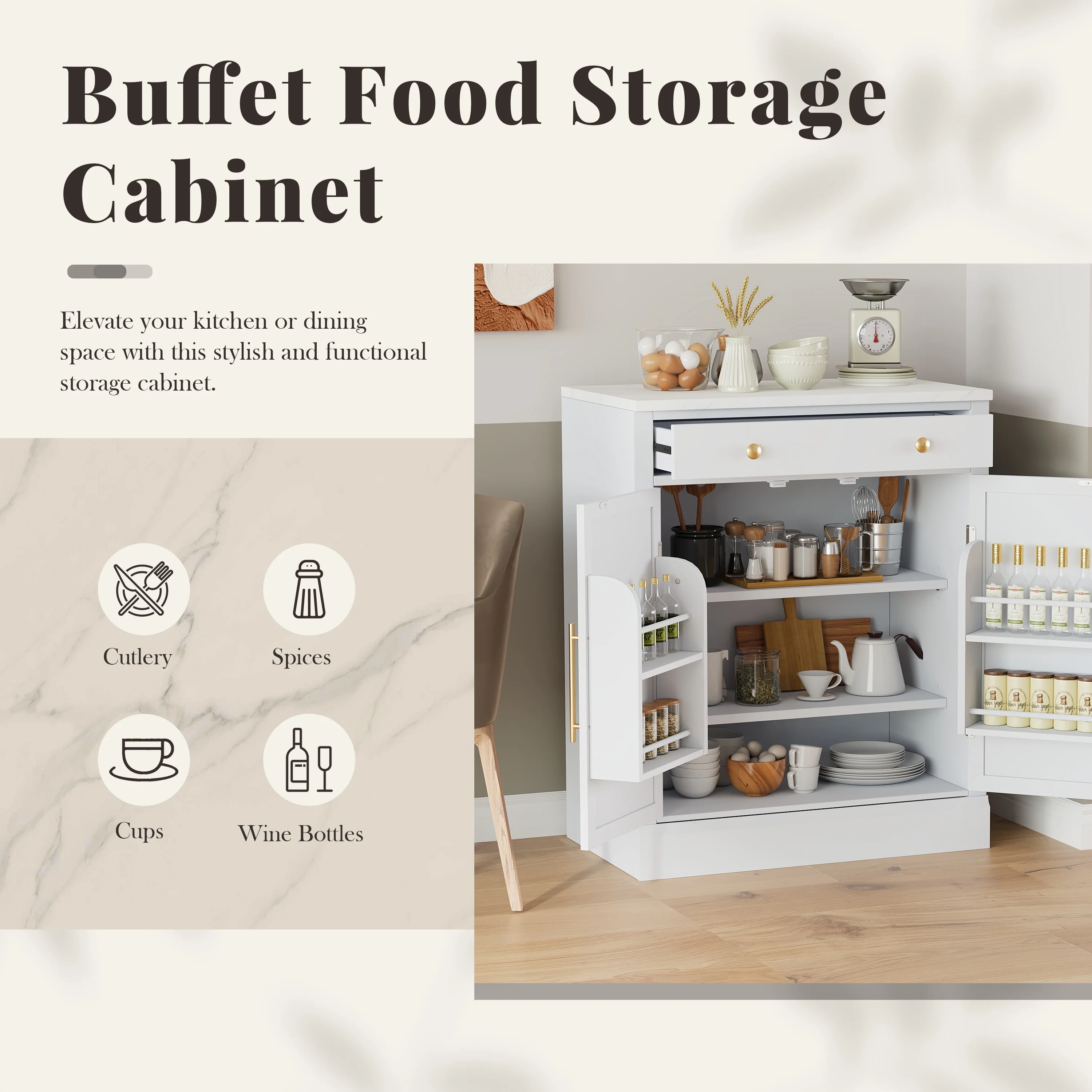 Euroco Modern Freestanding Kitchen Pantry, Buffet Food Storage, Coffee Bar Cabinet with Drawer, 2 Adjustable Shelves and 2 Door Shelves for Dining, Kitchen, White
