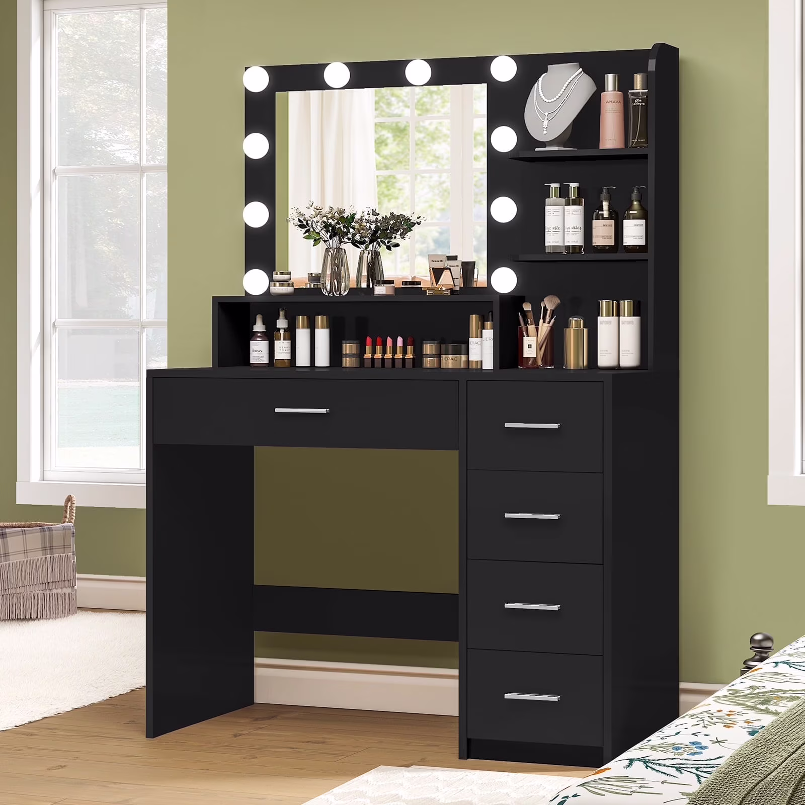 Makeup Vanity Desk with Mirror Lights, Vanity Table with 5 Drawers Storage Shelves, Makeup Vanity , 3 Color Modes Adjustable Brightness Dressing Table, Bedroom, White(White) - Image 3