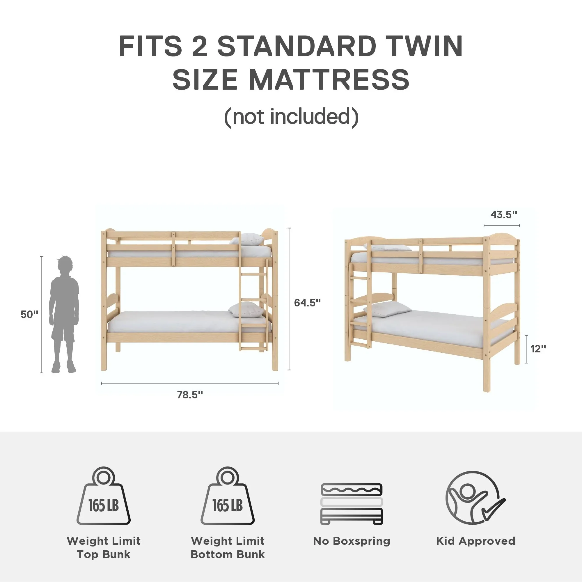 Better Homes & Gardens Leighton Solid Wood Twin-over-Twin Convertible Bunk Bed, Vanilla