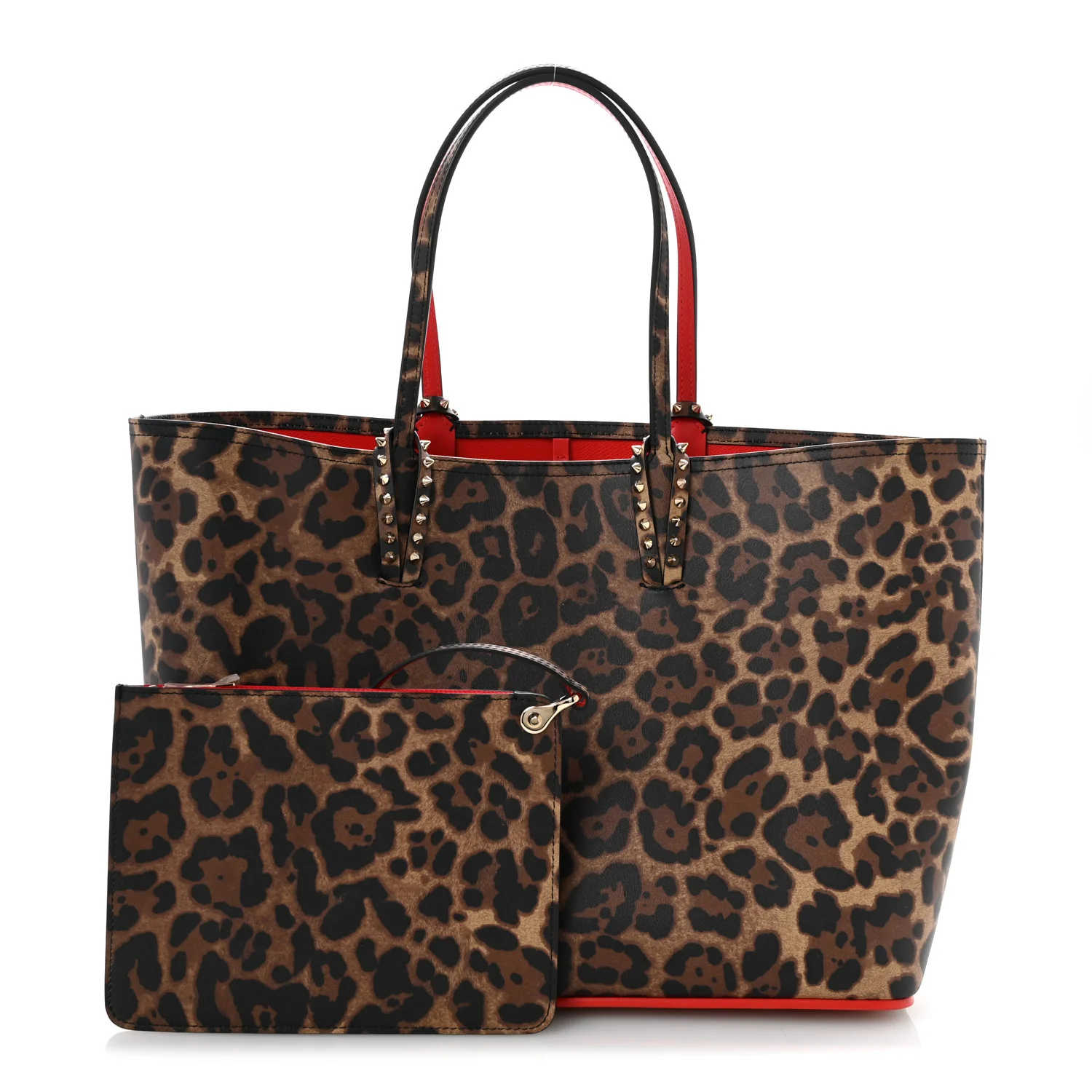 Calfskin Leopard Print Spikes East West Cabata Tote Brown