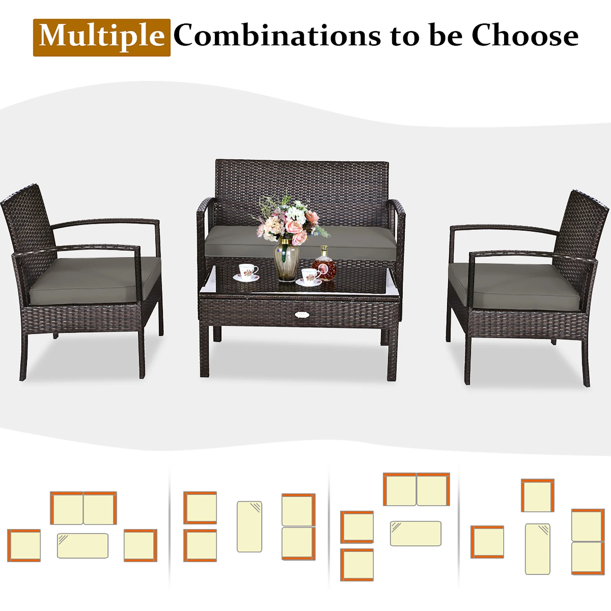 Costway 4PCS Patio Rattan Wicker Furniture Set Loveseat Sofa Cushioned Garden Yard Brown