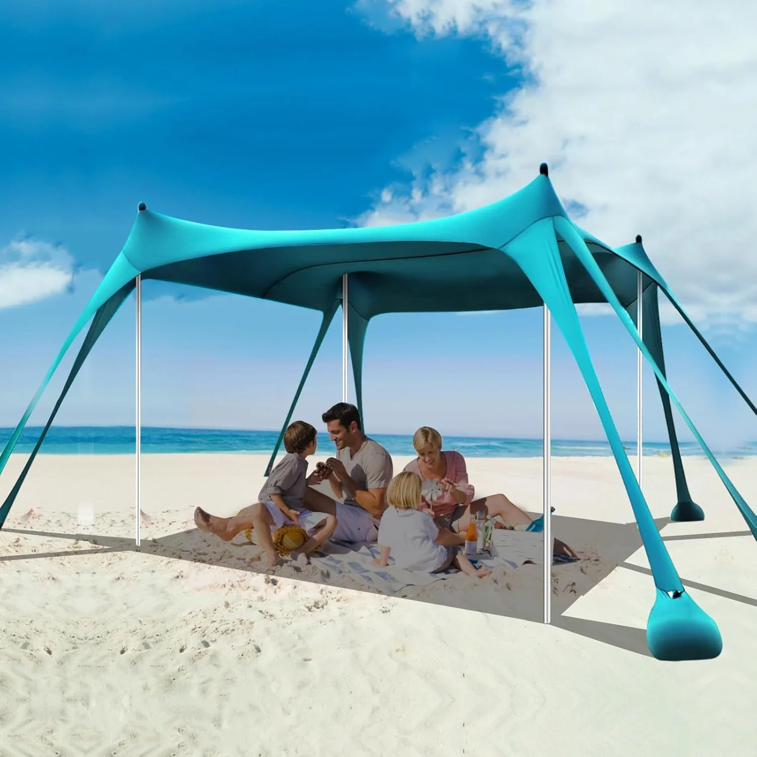 Abri de plage 3 x 3 m, robuste, protection solaire UPF50+, avec 8 sacs de sable et 4 poteaux de stabilité, idéal pour le camping et la pêche, bleu.