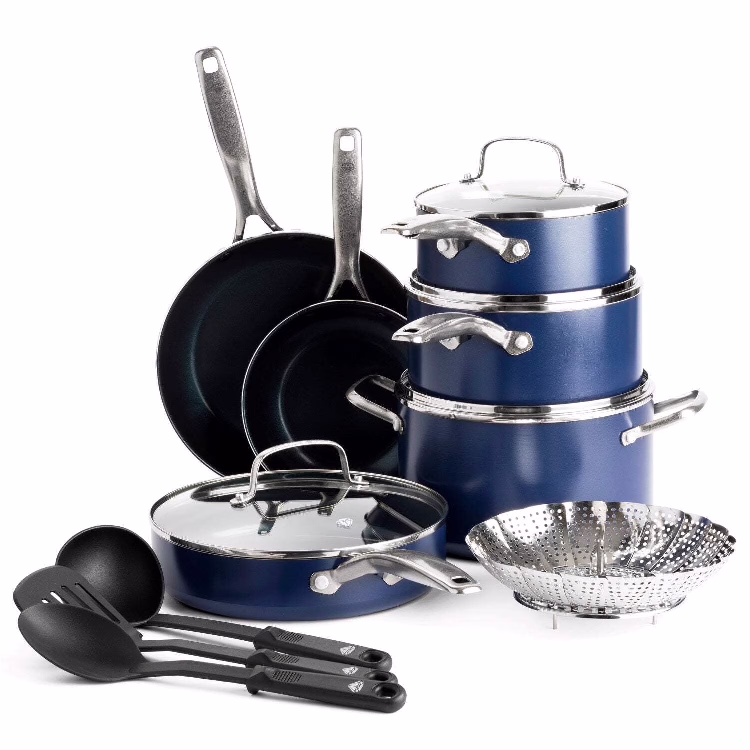Blue Diamond 14 Piece Cookware Set, Diamond Infused Ceramic Healthy Nonstick, Blue