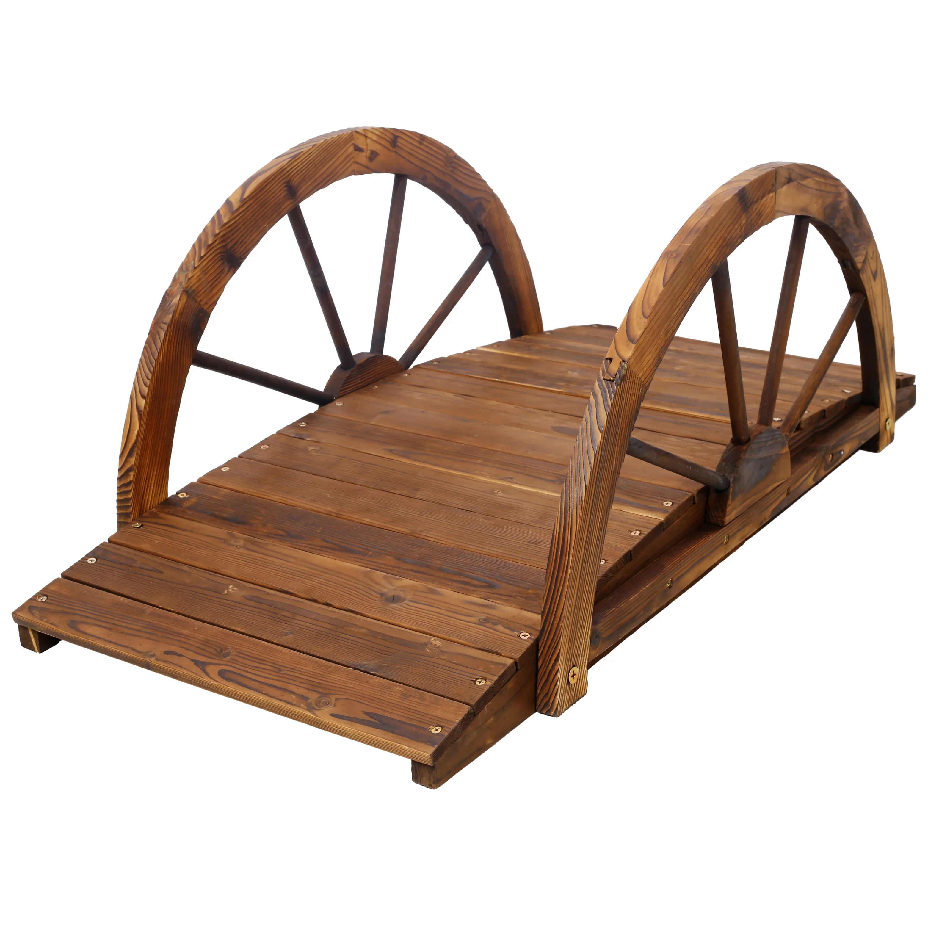 3.3ft Wooden Garden Bridge Arc Footbridge with Half-Wheel Style Railings & Solid Fir Construction, Stained Wood