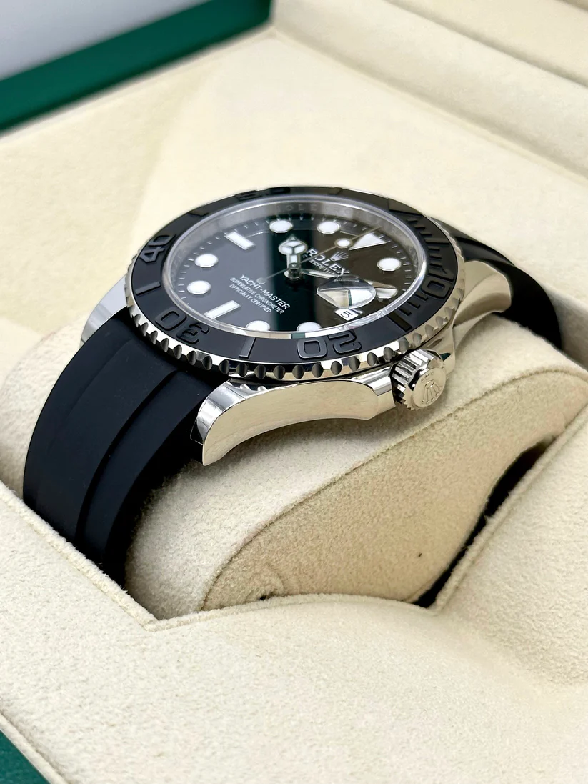 [Super Clone]RLX White Gold Yacht-Master 42mm Watch - Black Dial - Rubber Strap (Ref # 226659)