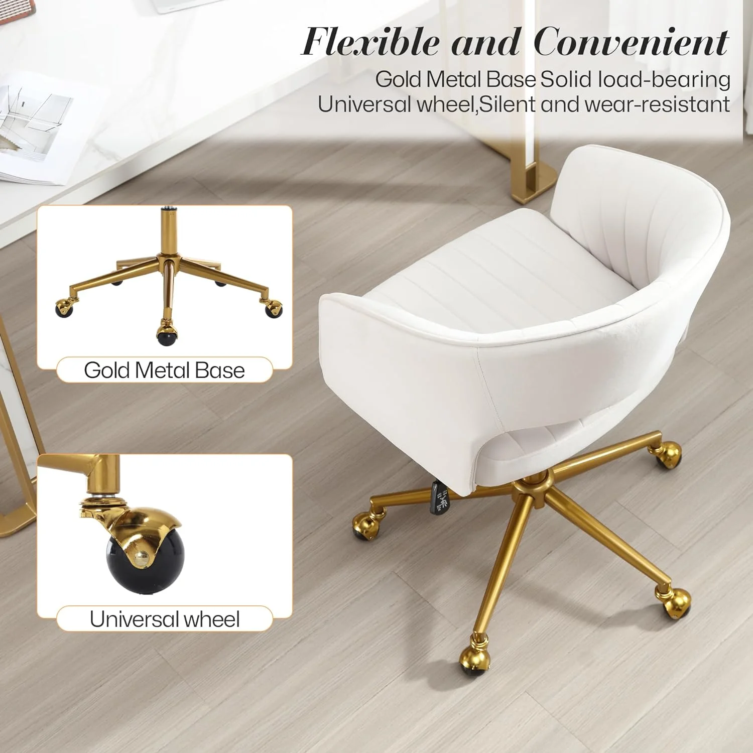 Home Office Swivel Desk Chair, Modern Velvet Vanity Chair, Height Adjustable Armchair with Gold Base, Ergonomic Office Chair for Task Study Computer Room, Beige(Beige) - Image 9