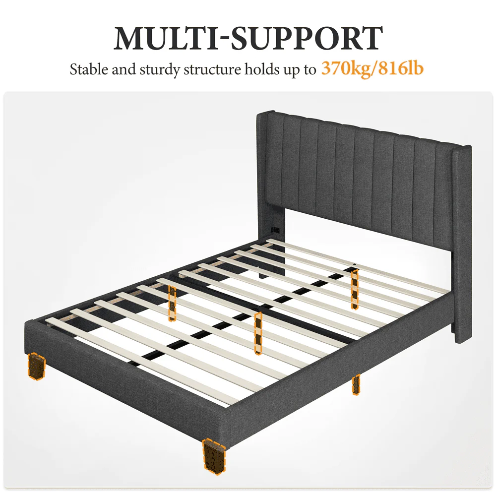 Yaheetech Upholstered Wingback Bed with Support and Mattress Foundation, Queen, Dark Gray(Full/with headboard)