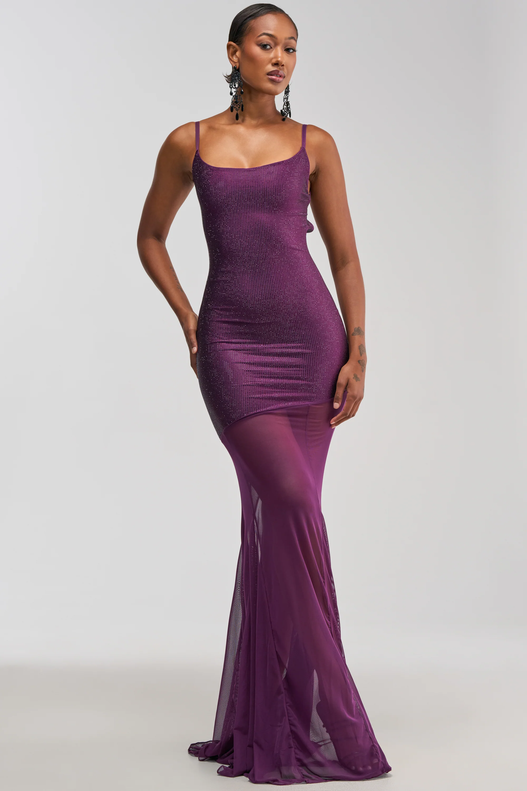 SHOW A LITTLE LEG RHINESTONE MAXI DRESS IN PLUM - Akira Store
