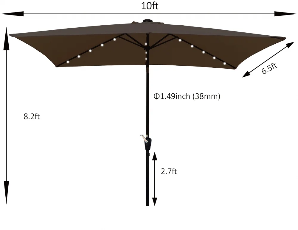 10 x 6.5t Patio Umbrella,Rectangular Picnic Table Umbrella,6-8 Chairs Tilt Umbrella with 26 LED Lights,Waterproof Umbrella Sunshade with Crank and Push Button Tilt for Garden Backyard Pool,LIGHT GREY