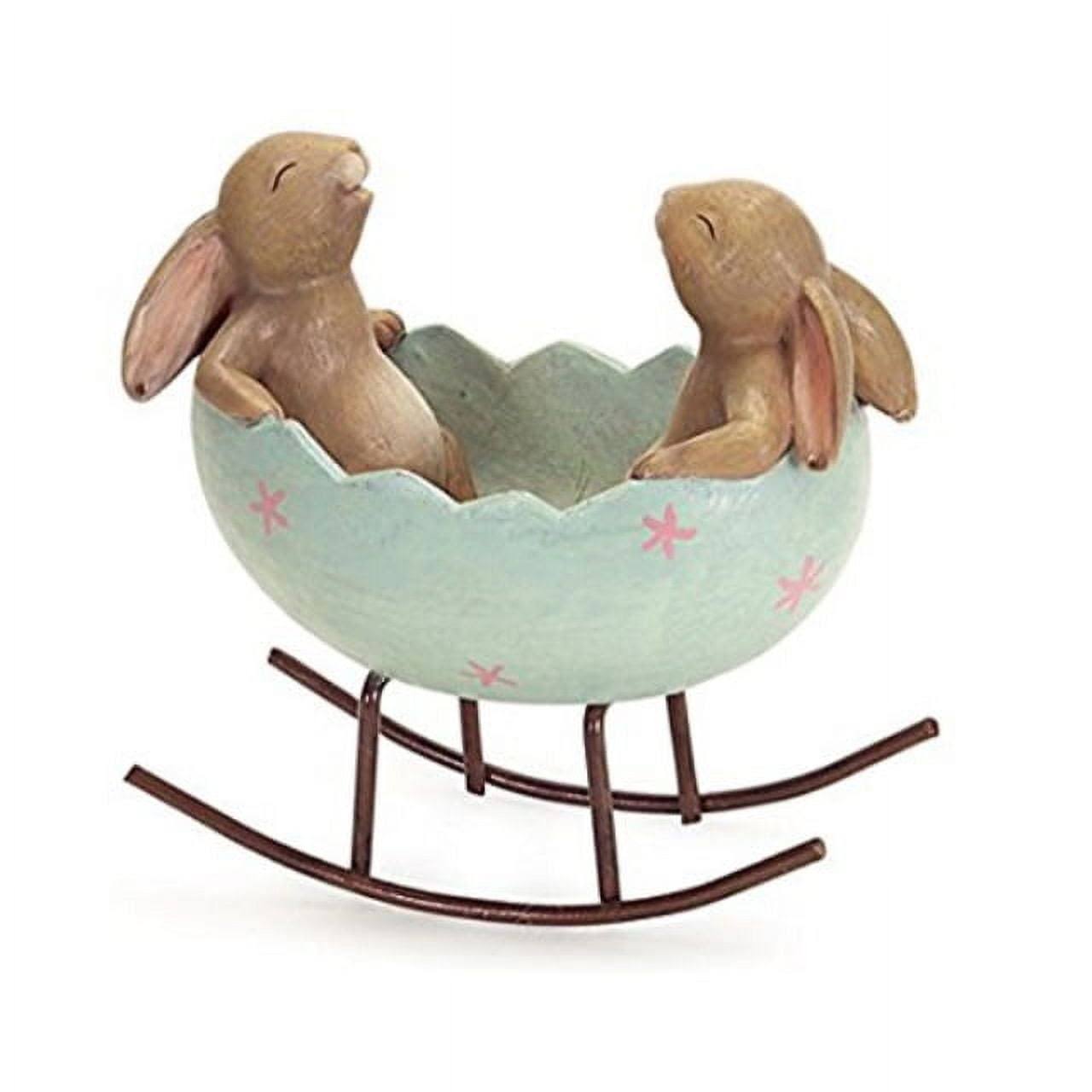 KiaoTime Laughing Bunny Rabbits Rocking in An Easter Egg Cradle Spring Easter Decoration Vintage Rustic Country Bunnies Rabbit Figurine