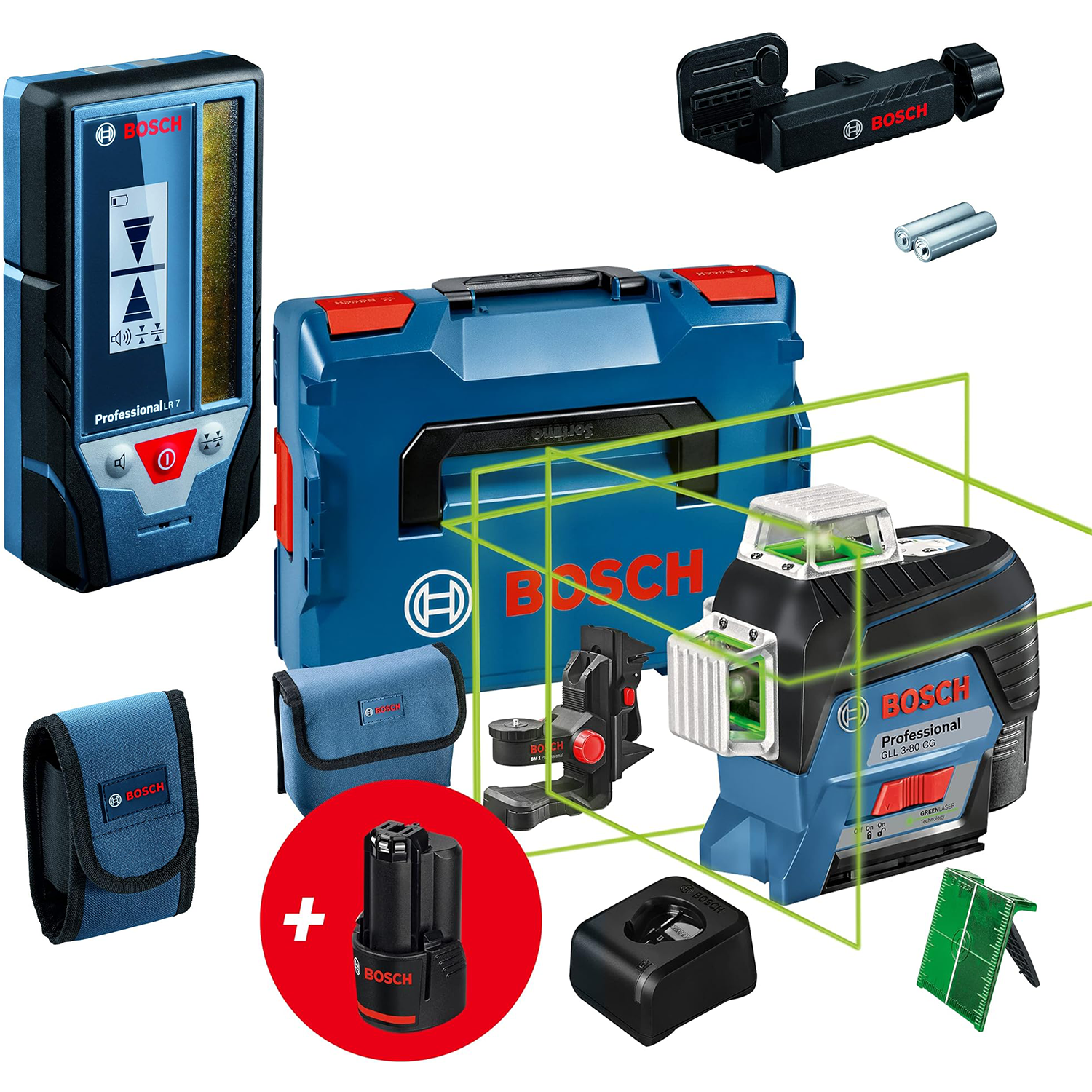 Bosch Professional 12V System Laser Lignes GLL 3-80 CG – Exclusive Set & Cellule de Réception LR 7 (Faisceau Rouge et Vert, 2 Piles 1,5 V AAA, Portée : 5-50 m, Housse de Protection)